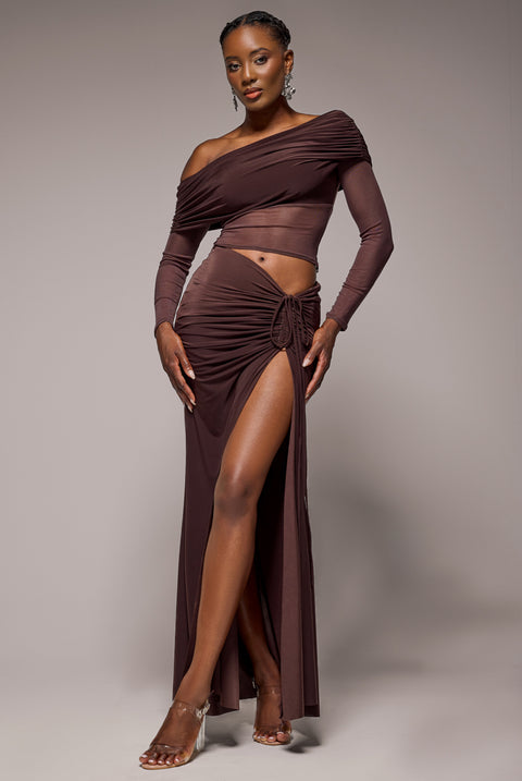 Super Split Front Drawstring Maxi Skirt - Brown by Goddiva
