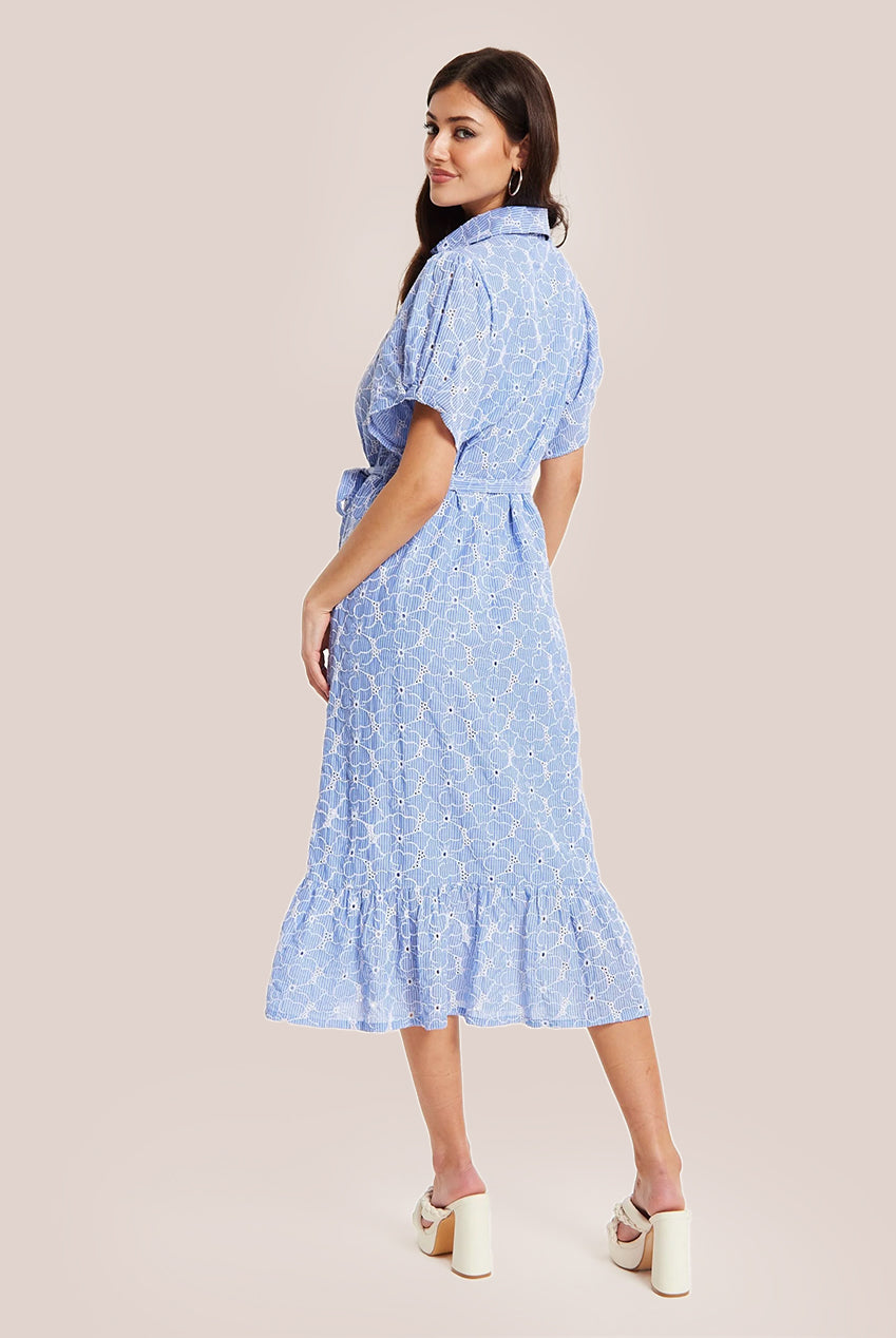 Floral Embroidery Striped Blue Dress SNL0019