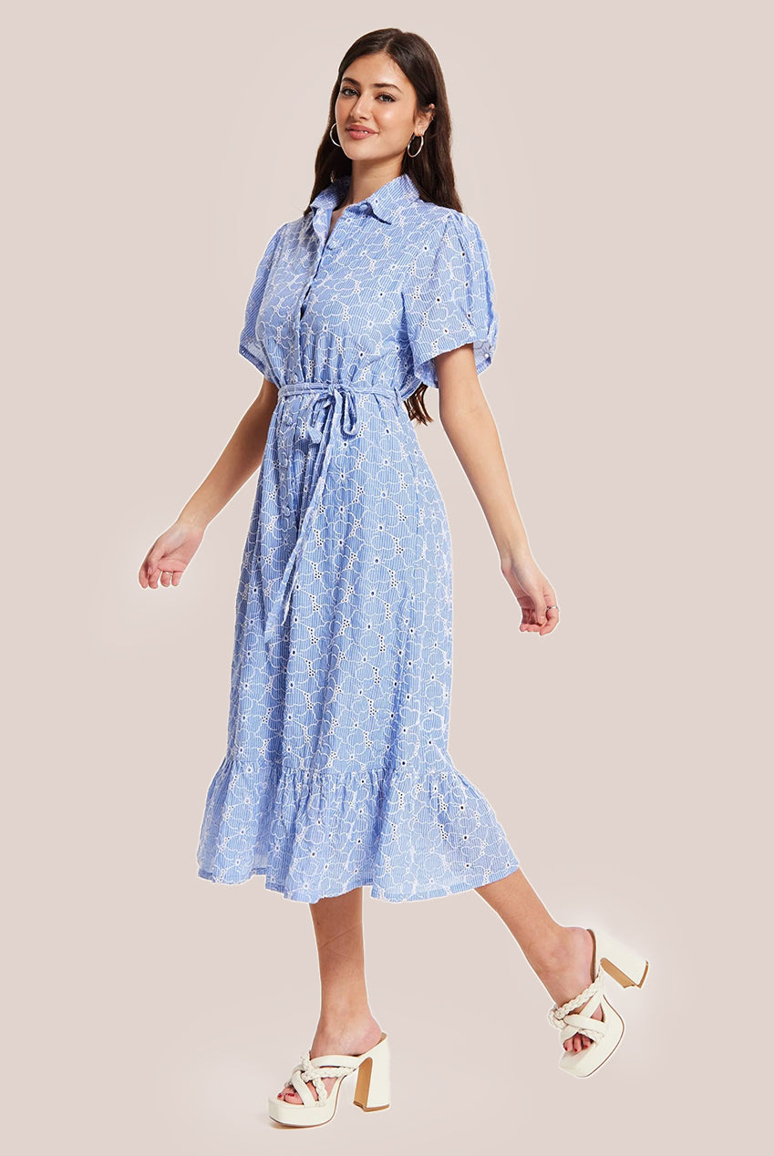 Floral Embroidery Striped Blue Dress SNL0019