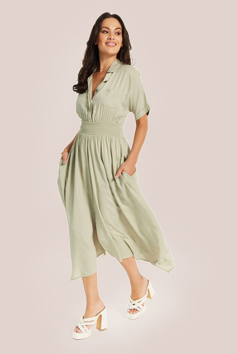 Khaki Elasticated Waist Shirt Dress SNL011