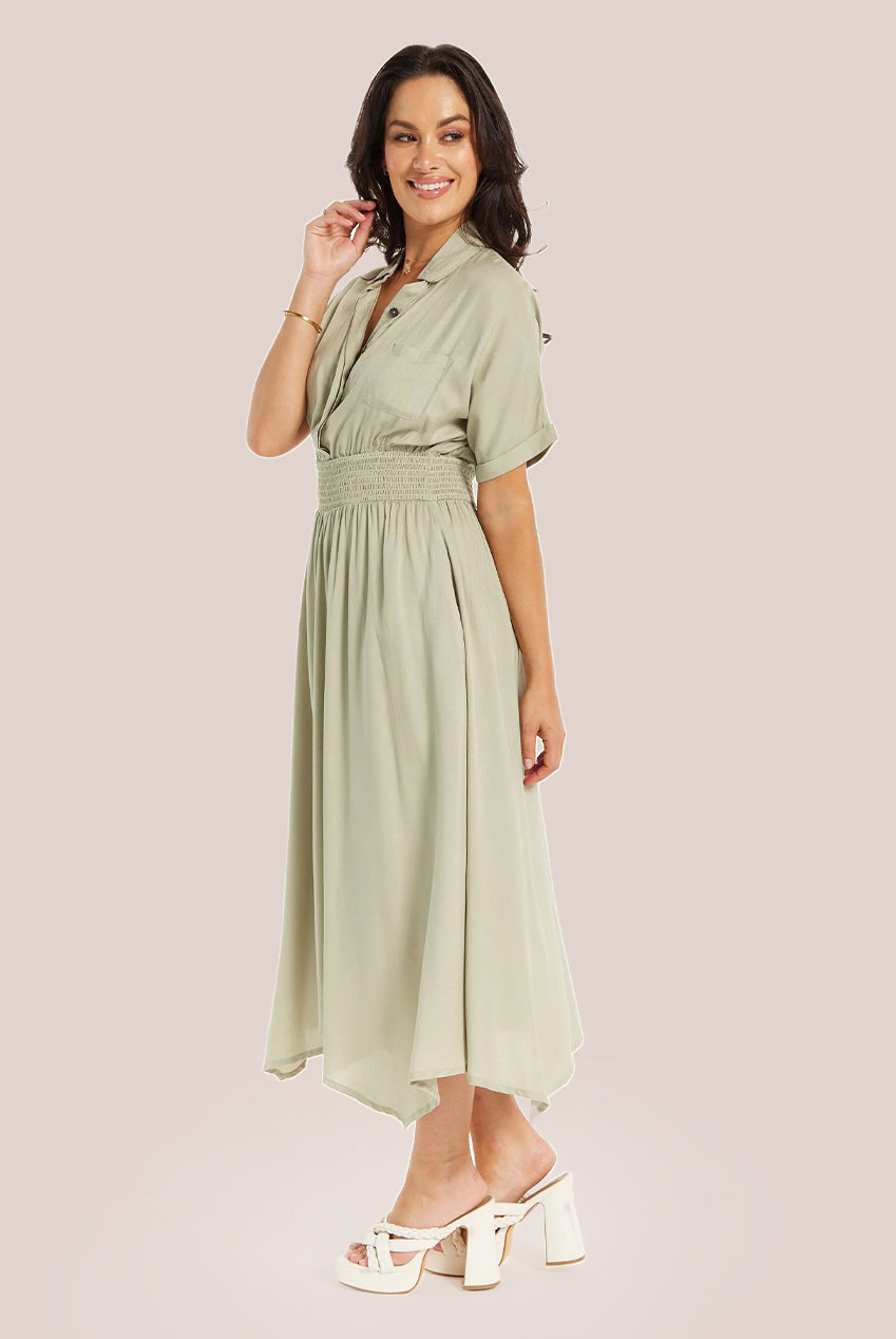 Khaki Elasticated Waist Shirt Dress SNL011