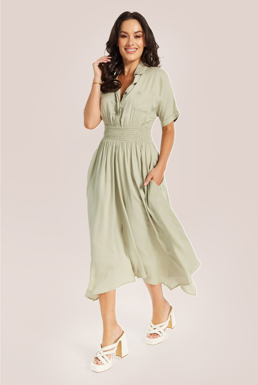 Khaki Elasticated Waist Shirt Dress SNL011