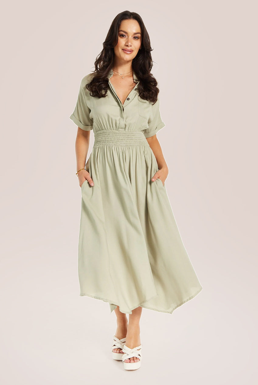 Khaki Elasticated Waist Shirt Dress SNL011