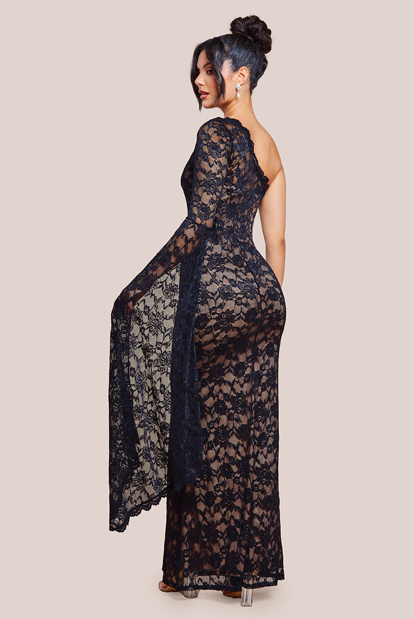 One Shoulder Scalloped Neck Maxi Dress - Black DR4601