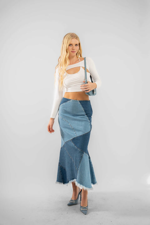 Denim Contrast Patch Hanky Hem Midi Skirt 5056706820270