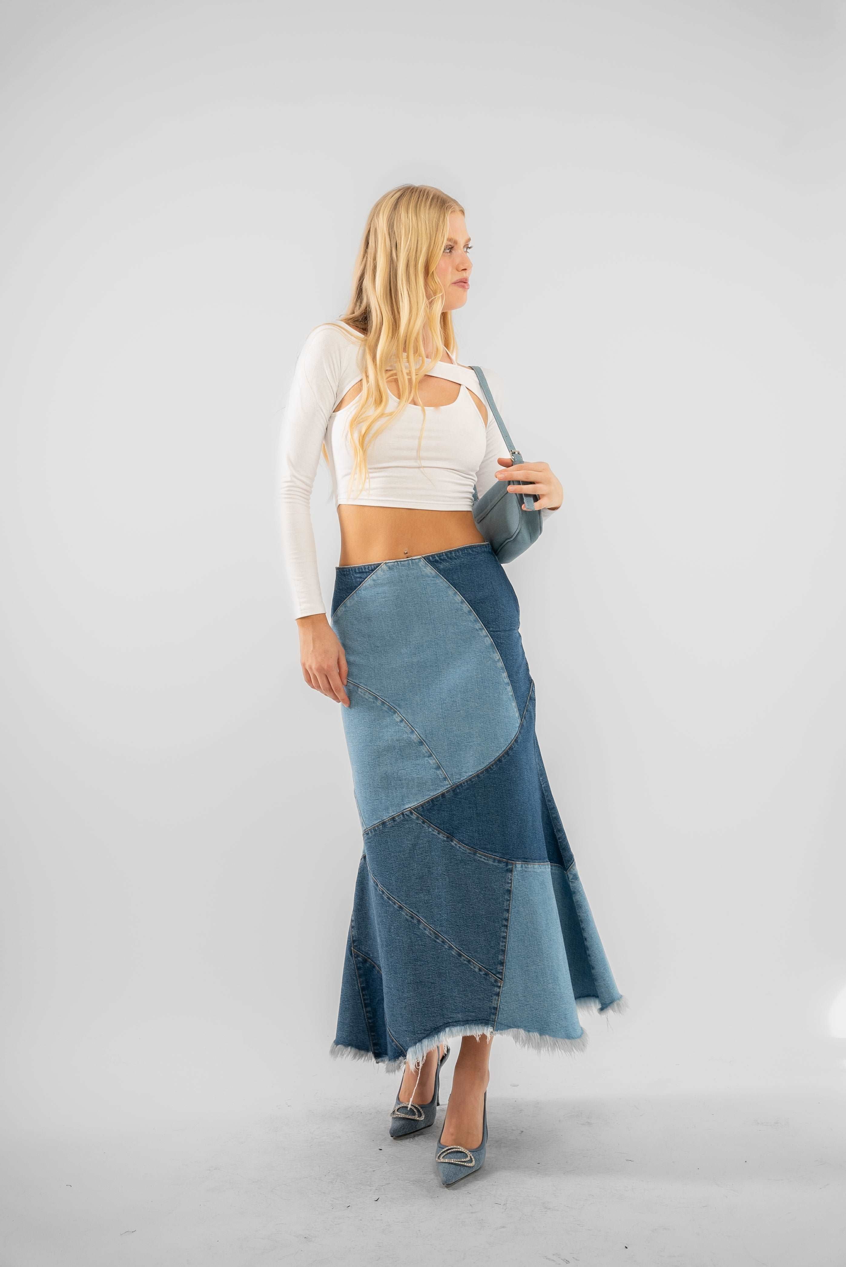 Denim Contrast Patch Hanky Hem Midi Skirt 5056706820270