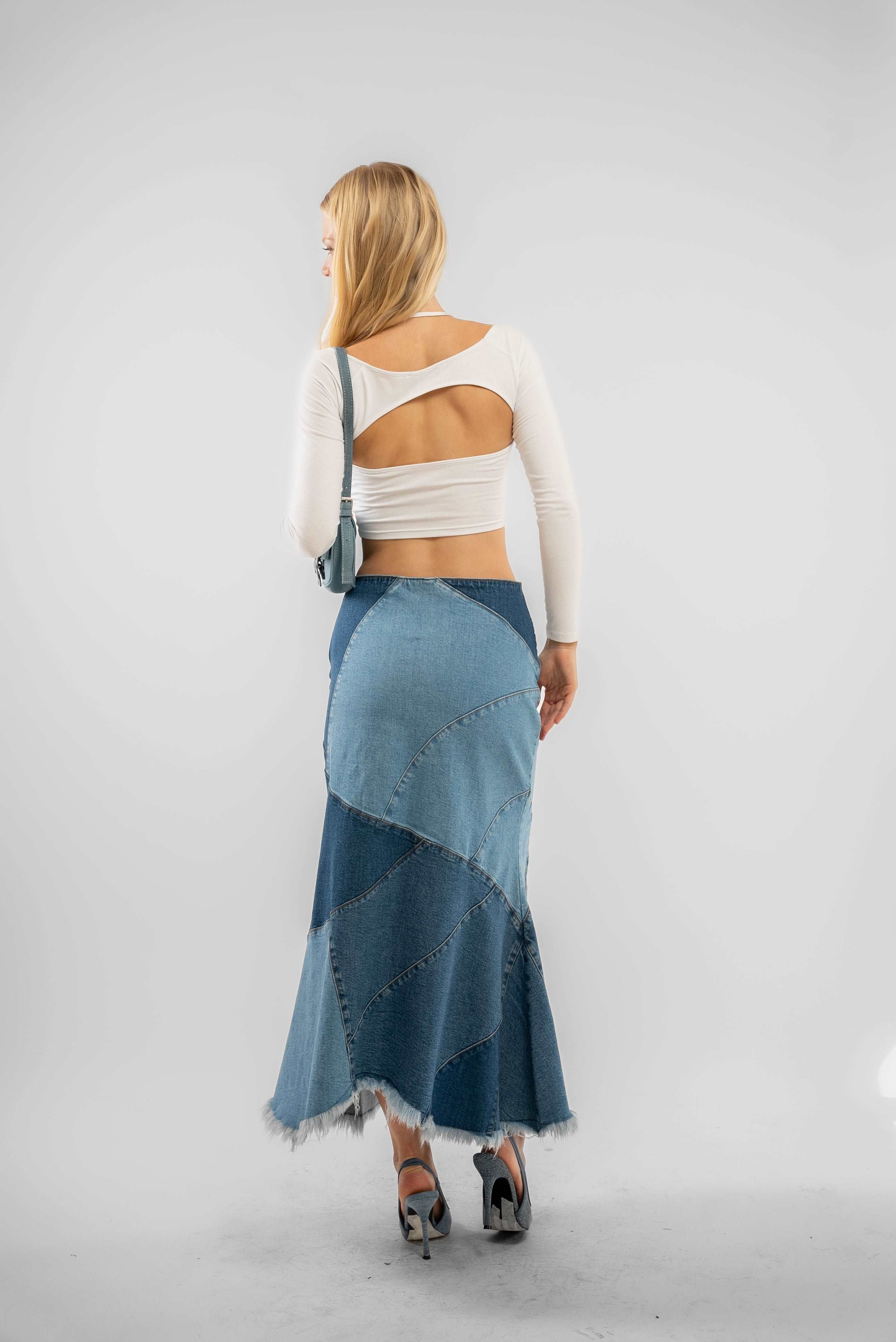 Denim Contrast Patch Hanky Hem Midi Skirt 5056706820270