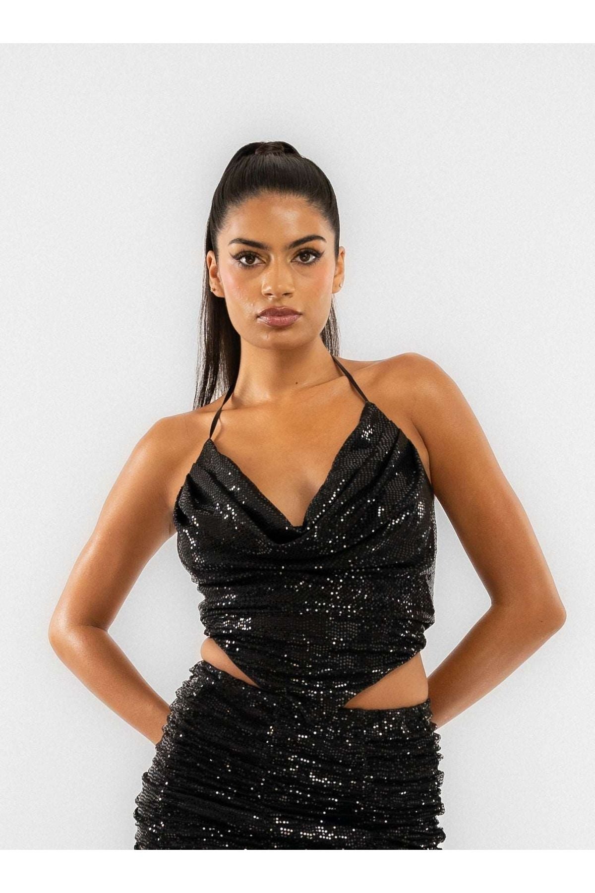 Black Sequin Cowl Neck V Front Top 5056706822670