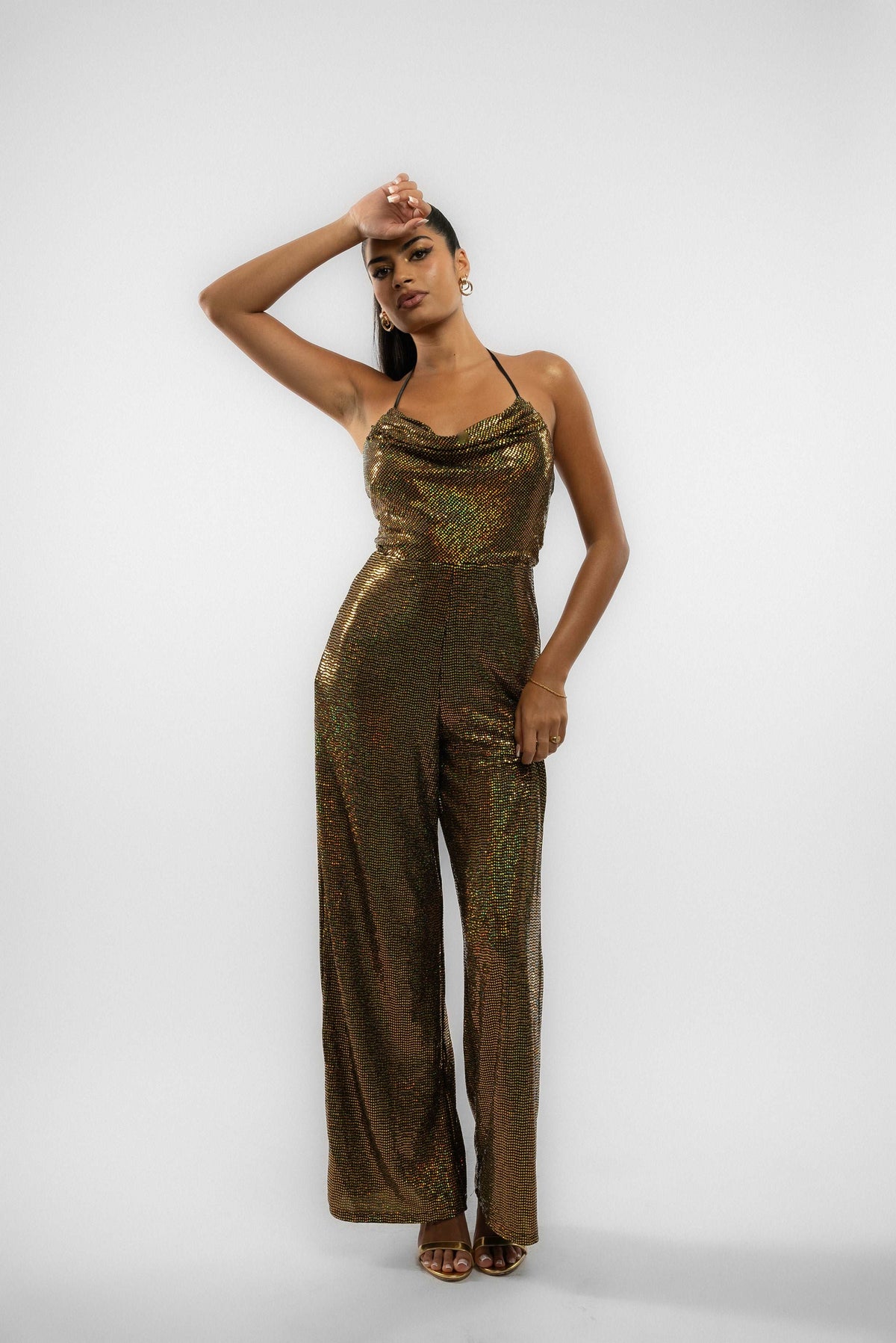 Gold Sequin Cowl Neck Halter Jumpsuit 5056706823097