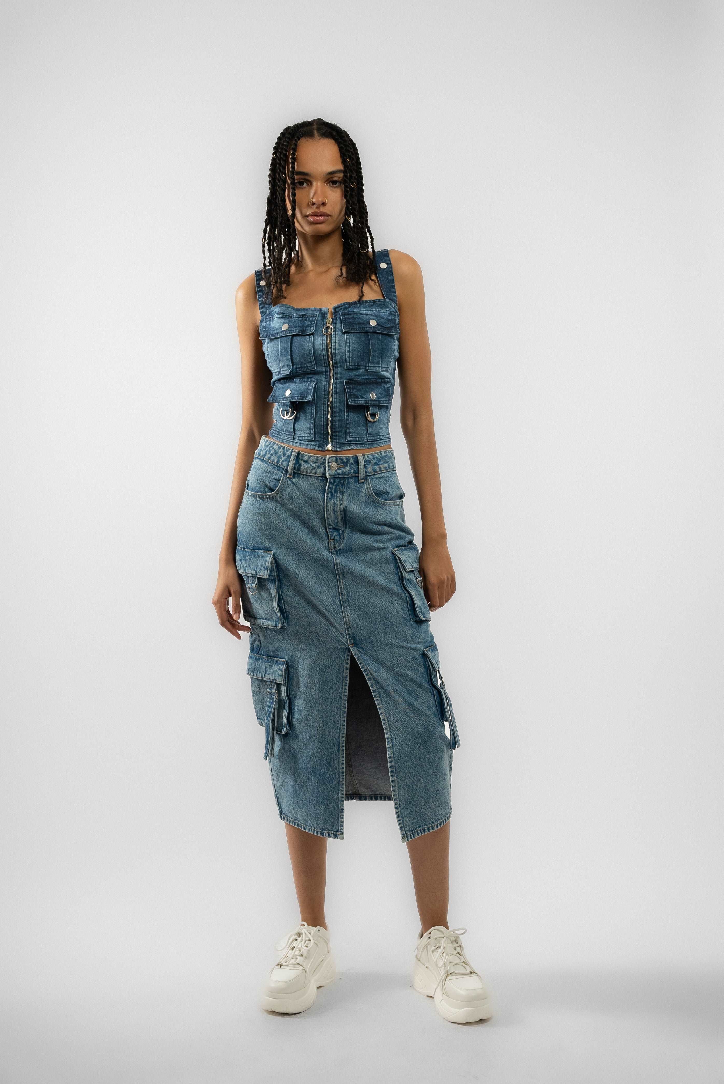 Denim D Ring Slit Front Midi Skirt 5056706820096