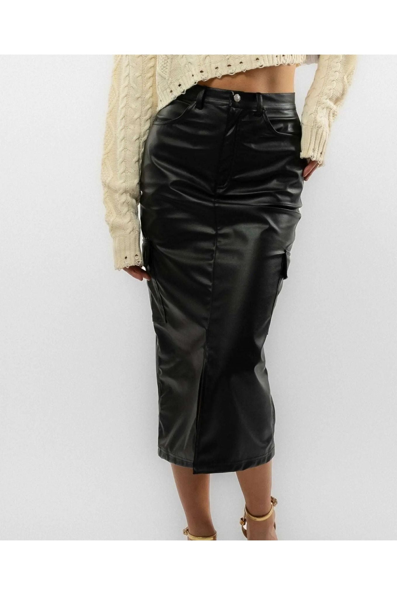 Faux Pu Faux Slit Front Midi Skirt 5056706821123