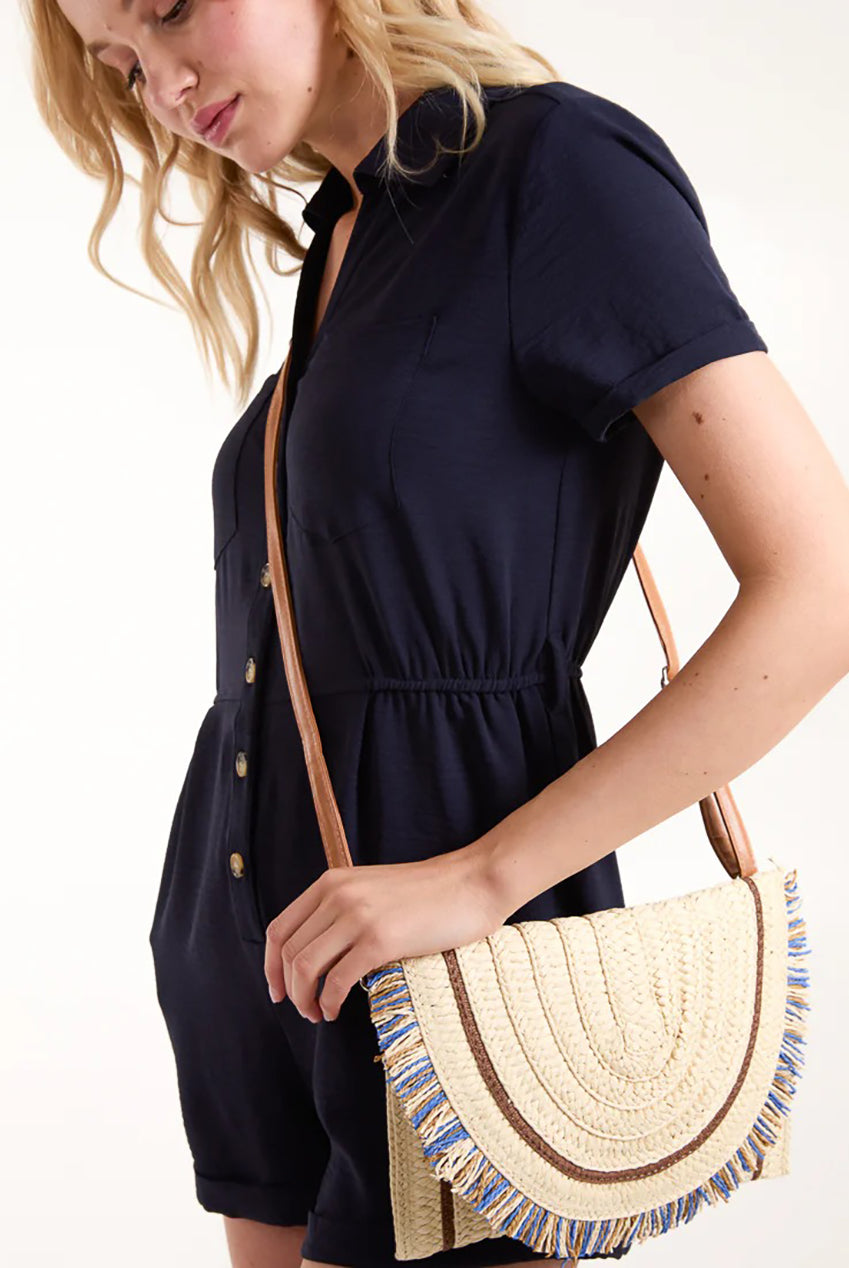Woven Fringe Detail Clutch Bag With Attachable Strap SS24134B001