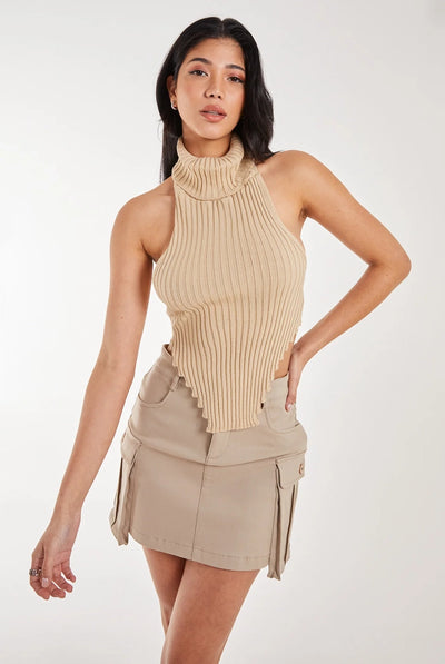 Stone - High Neck Chunky Knit Halter Top by Pink Vanilla