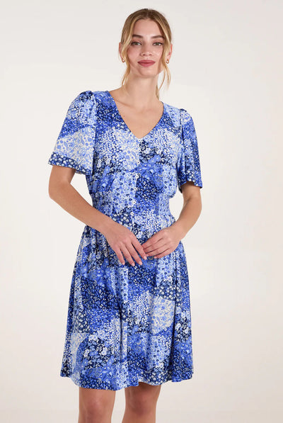 Blue - Shirred Waist Button Front Patchwork Mini Dress by Blue Vanilla