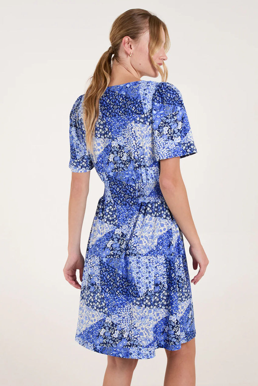 Shirred Waist Button Front Patchwork Mini Dress SS25113B002