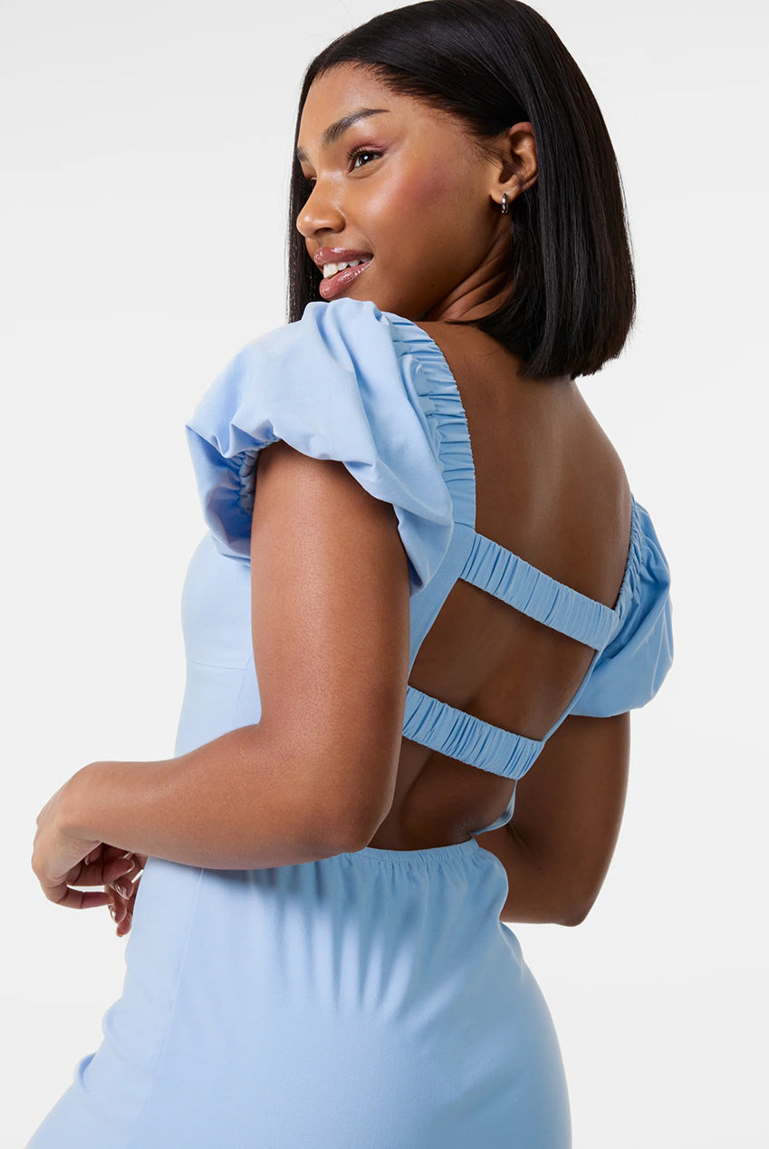 Puff Sleeve Open-Back Mini Dress With Shorts SS25145P002