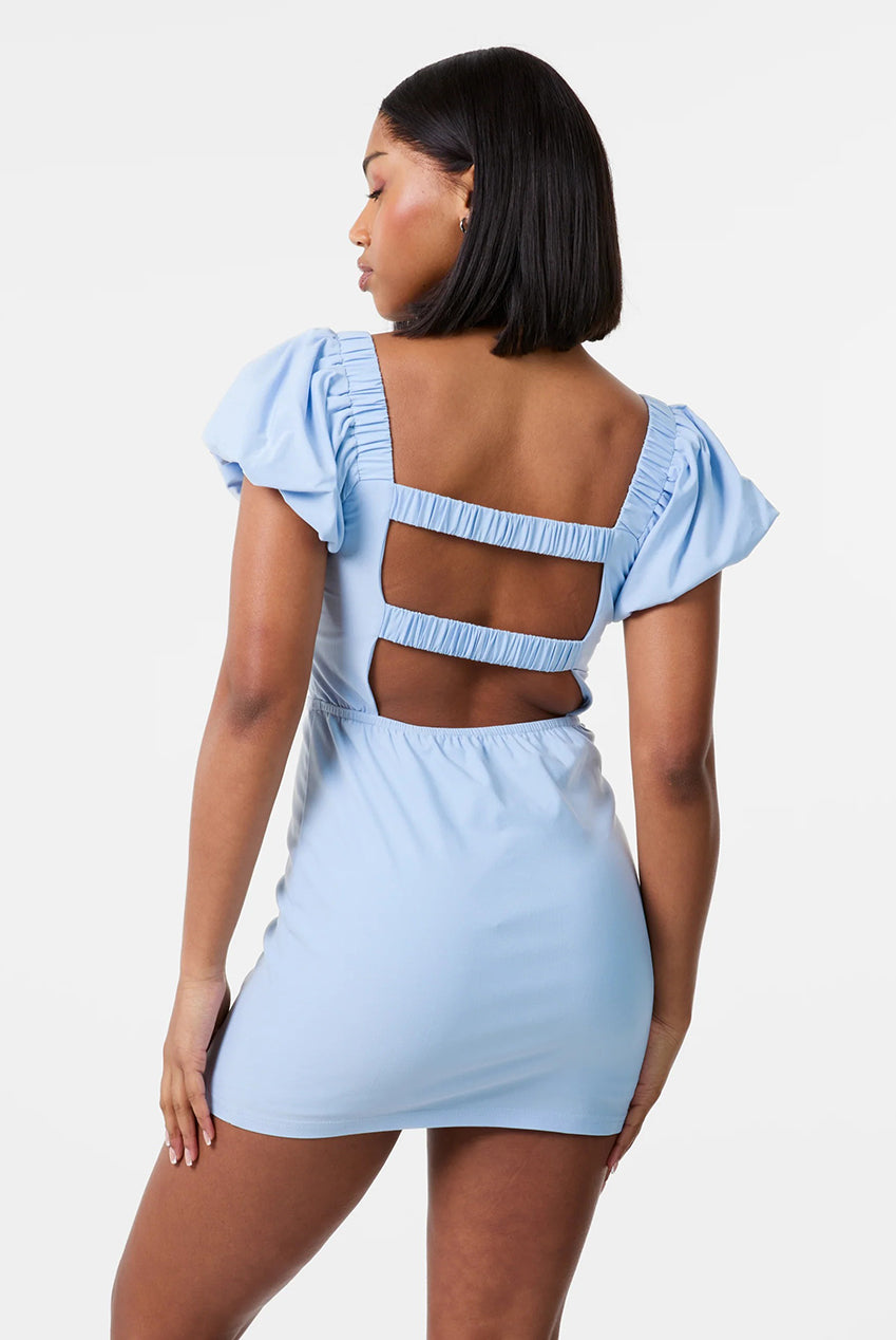 Puff Sleeve Open-Back Mini Dress With Shorts SS25145P002