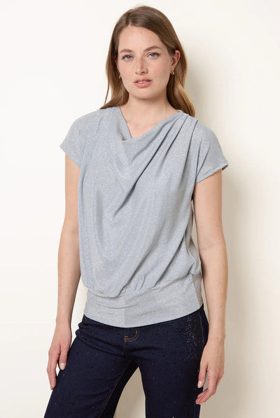 Blue - Lurex Metallic Cowl Neck Draped Top by Blue Vanilla