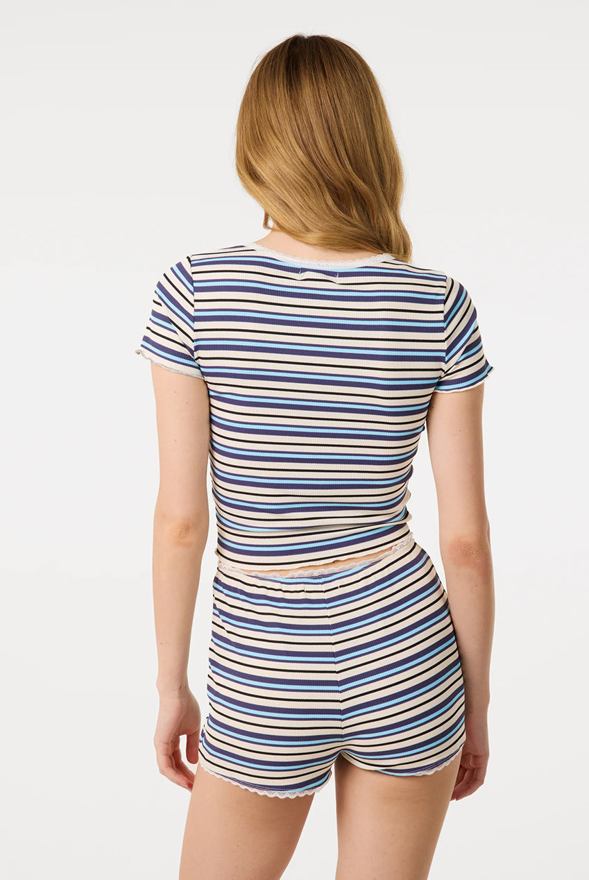 Cap Sleeve Stripe Lace Trim Top SS26299P063