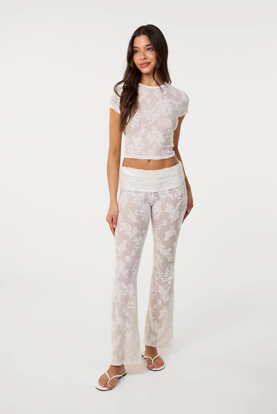Ivory - Crochet Lace Flare Trousers by Pink Vanilla