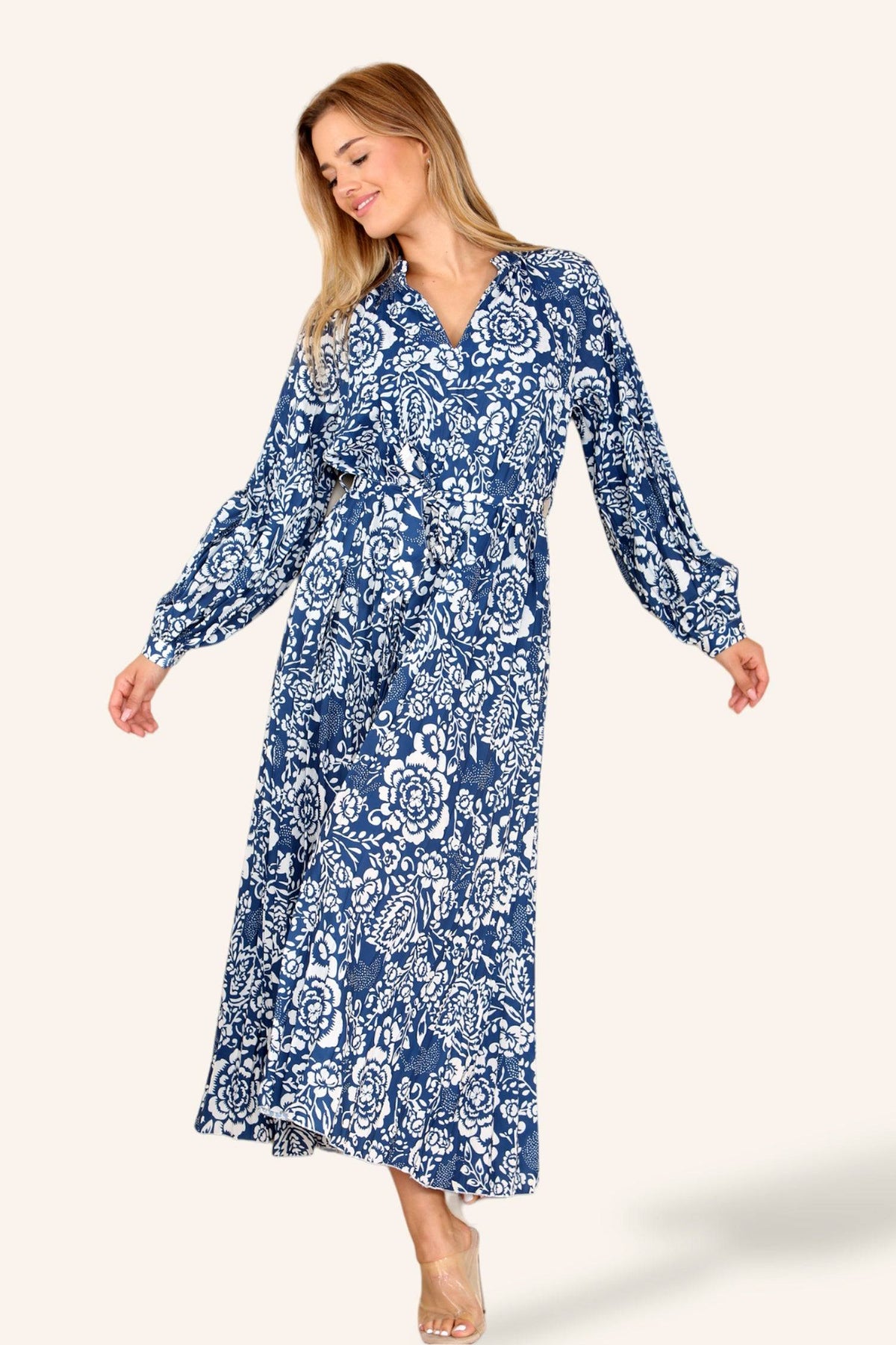 Blue Floral Printed Belted Pleated Maxi Dress LS-2329-WA5