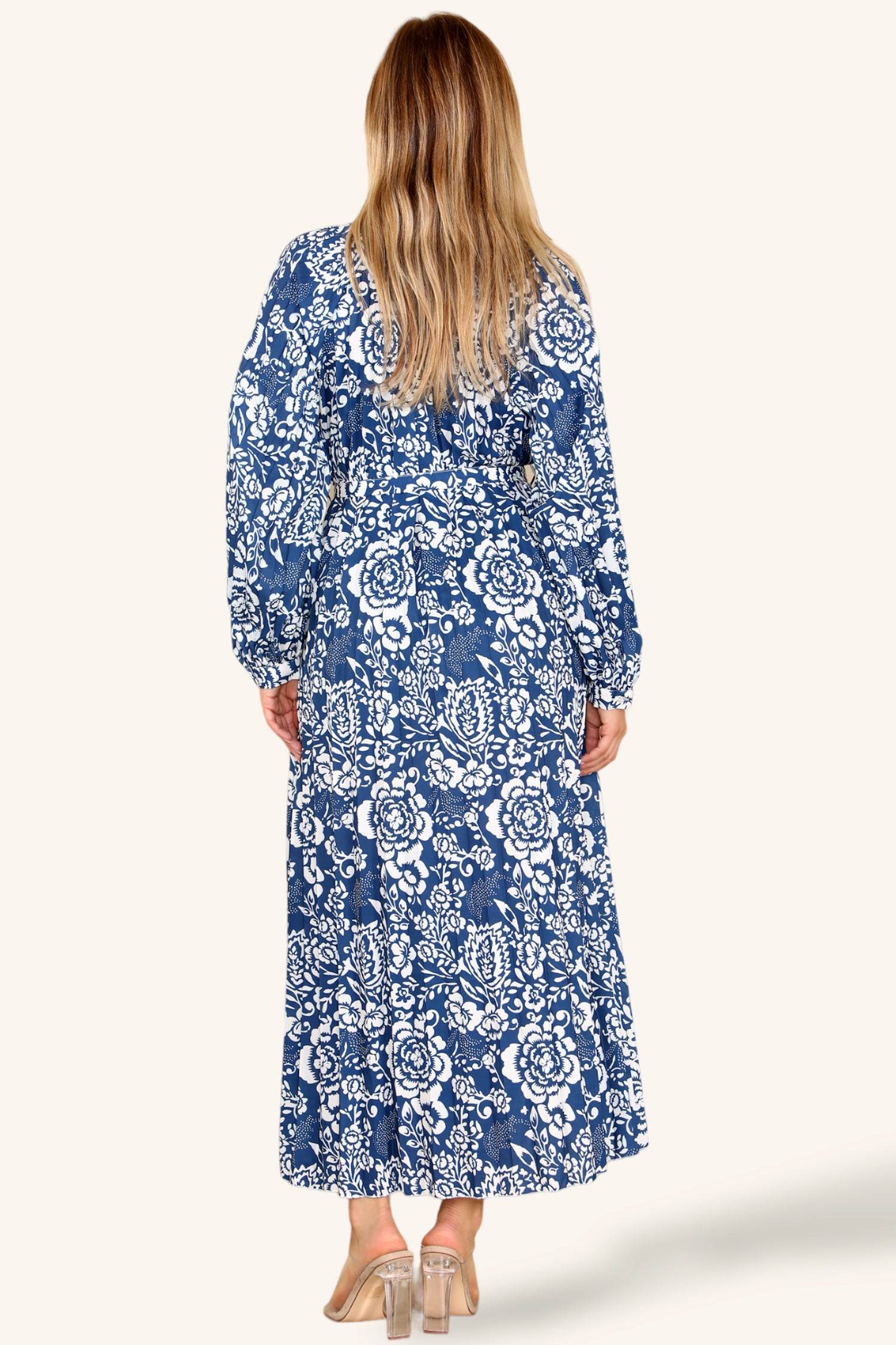 Blue Floral Printed Belted Pleated Maxi Dress LS-2329-WA5