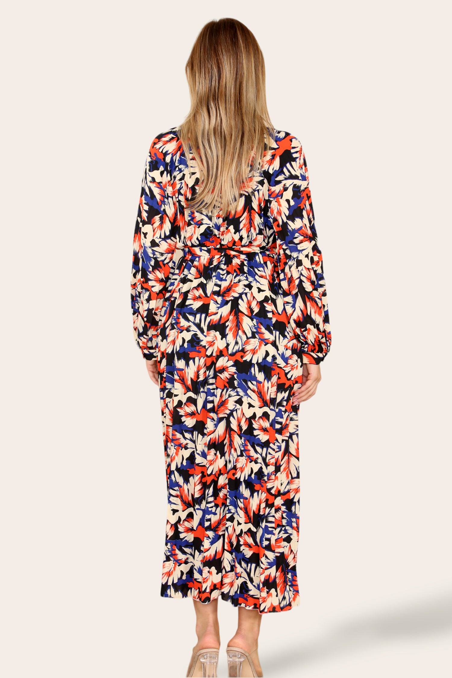 Abstract Leaf Printed Belted Pleated Maxi Dress LS-2329-WA3