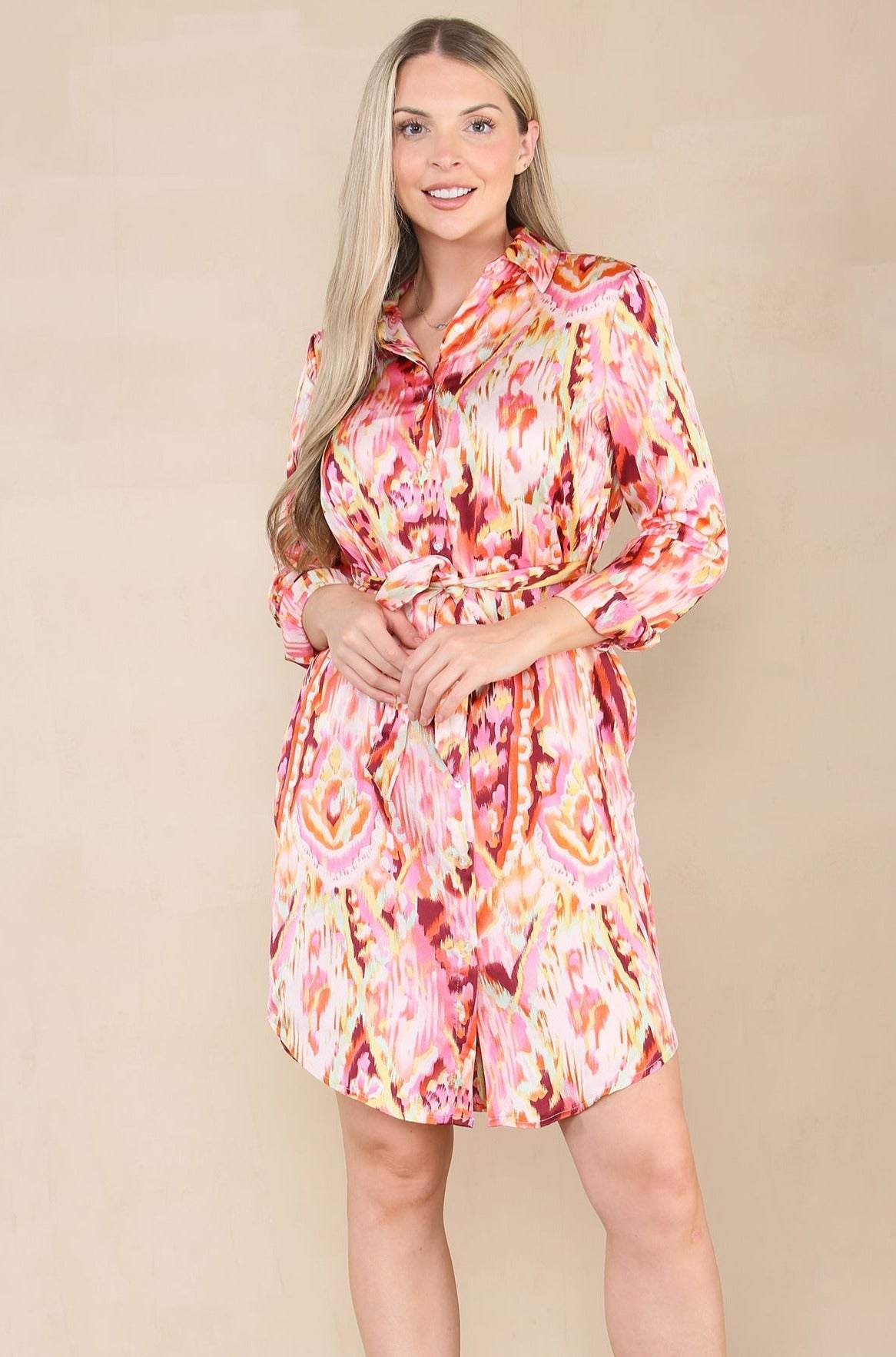 Pink Blurred Print Bubble Satin Mini Shirt Dress LS5026-R47