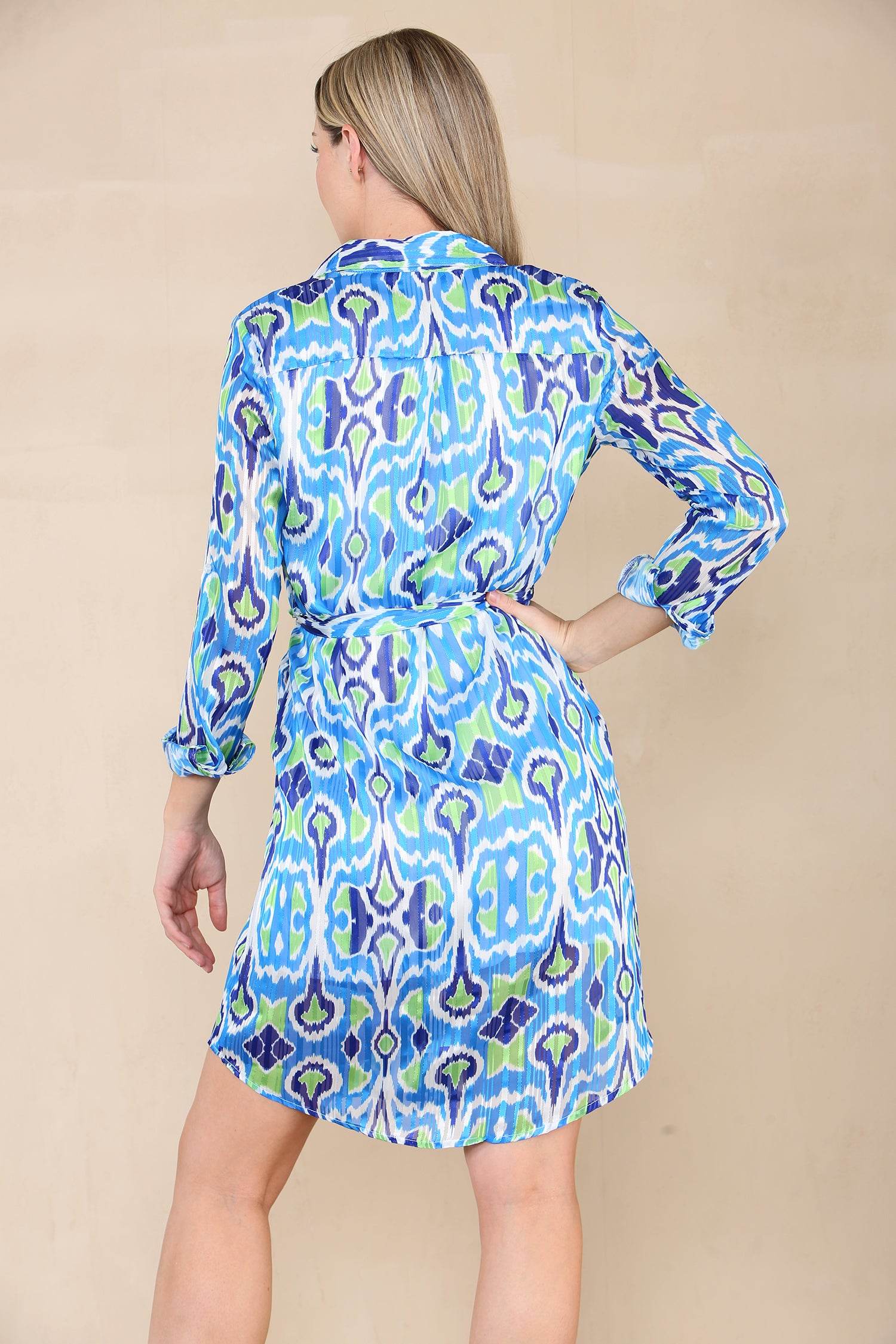 Blue Pleated Border Print Mini Shirt Dress LS5026-R45