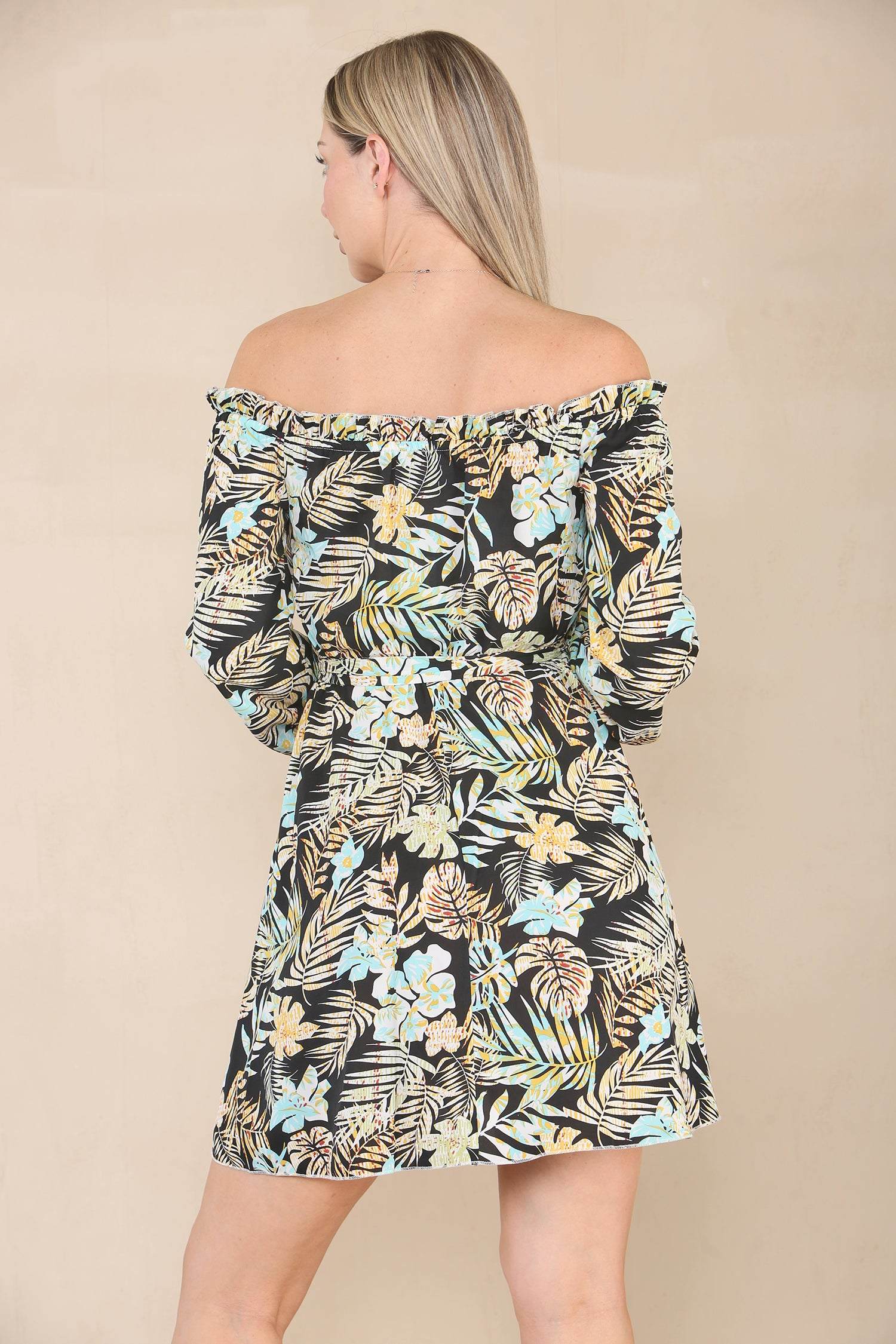 Black Leaf Print Cold Shoulder Bardot Mini Dress LS9020-U8