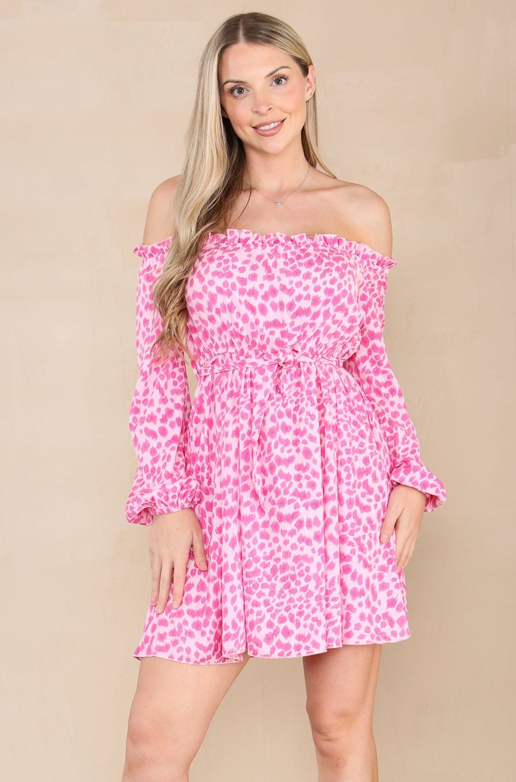 Pink Leopard Print Bardot Mini Dress LS9020-U9