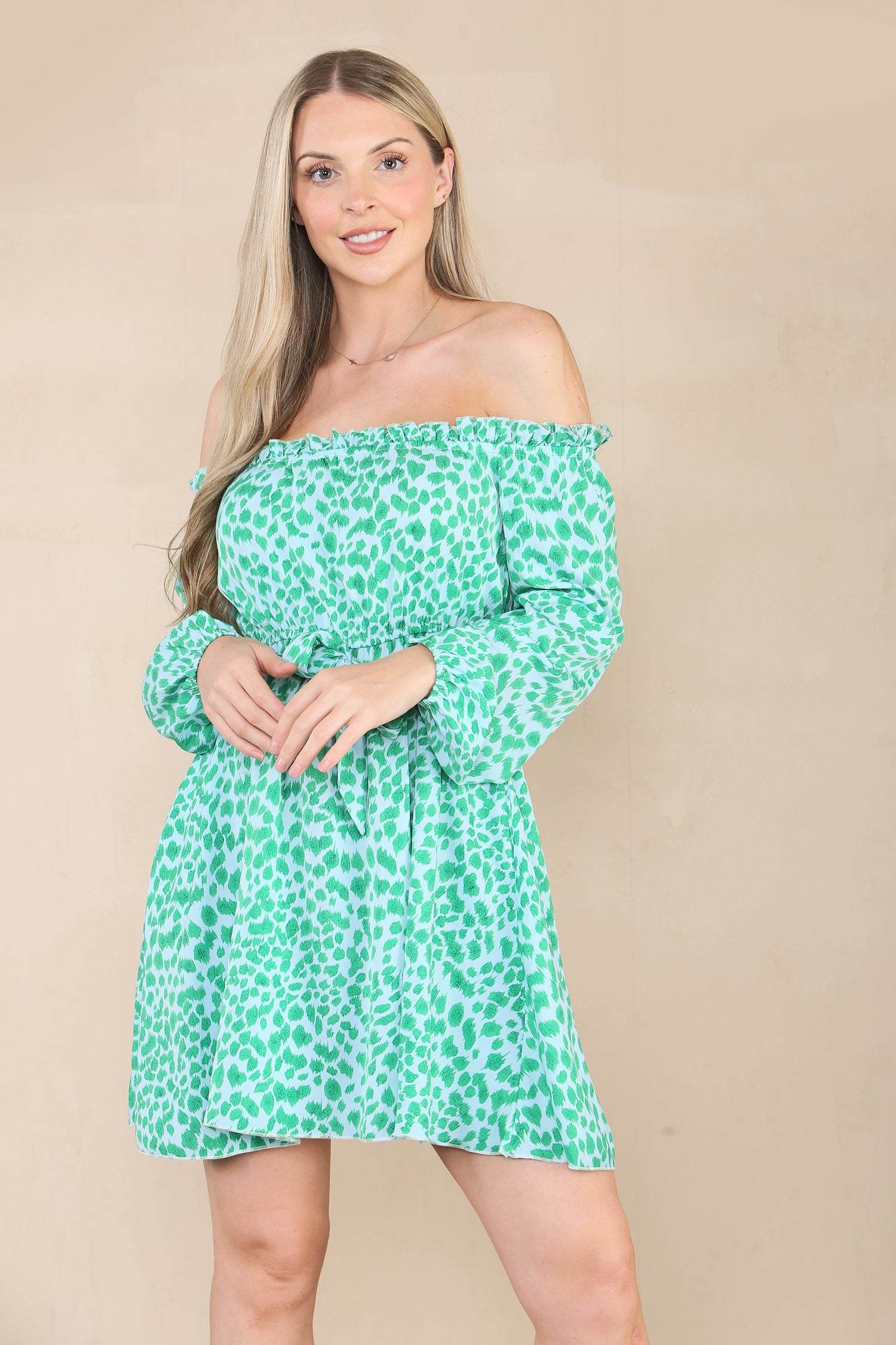 Green Leopard Print Bardot Mini Dress LS9020-U10