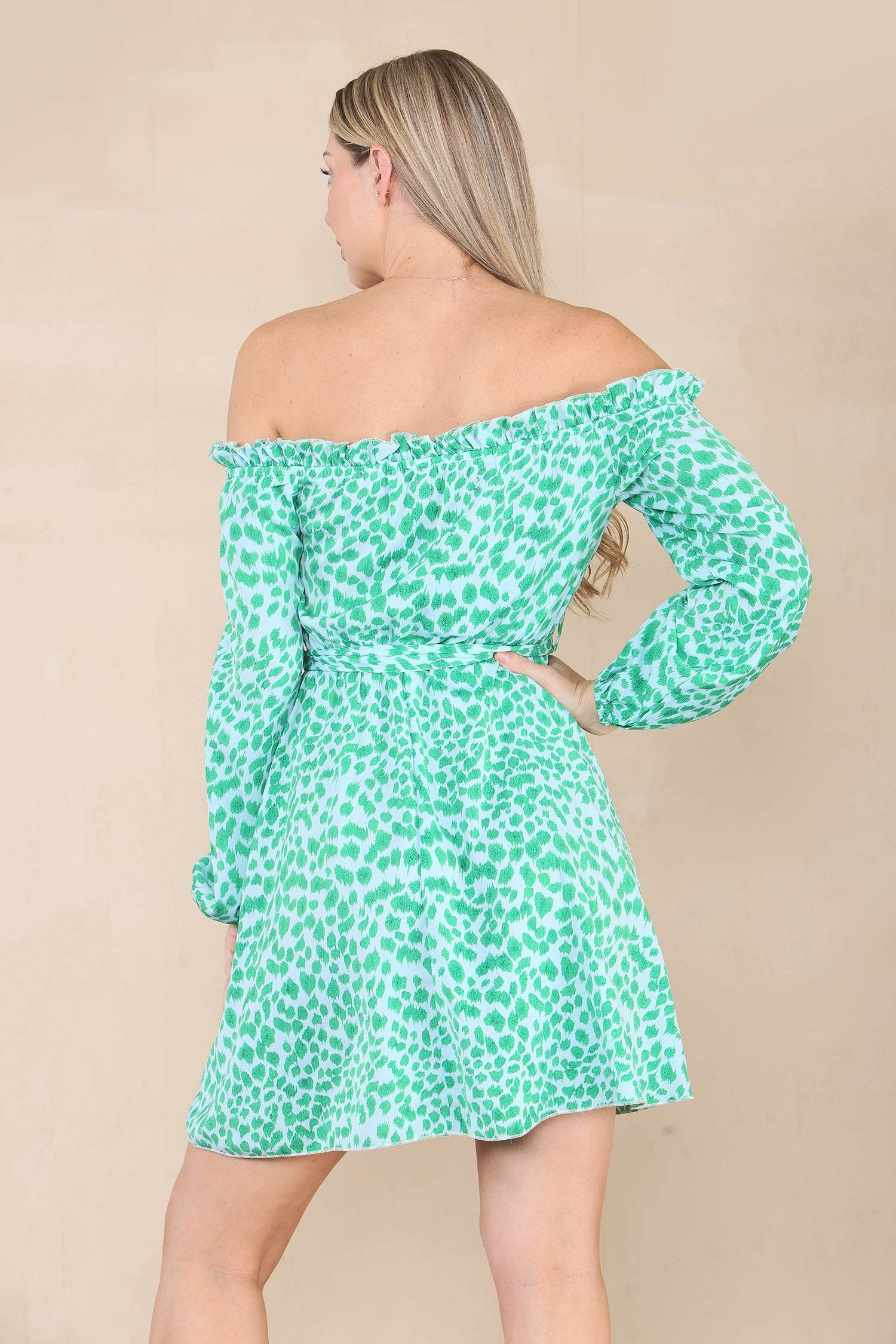 Green Leopard Print Bardot Mini Dress LS9020-U10