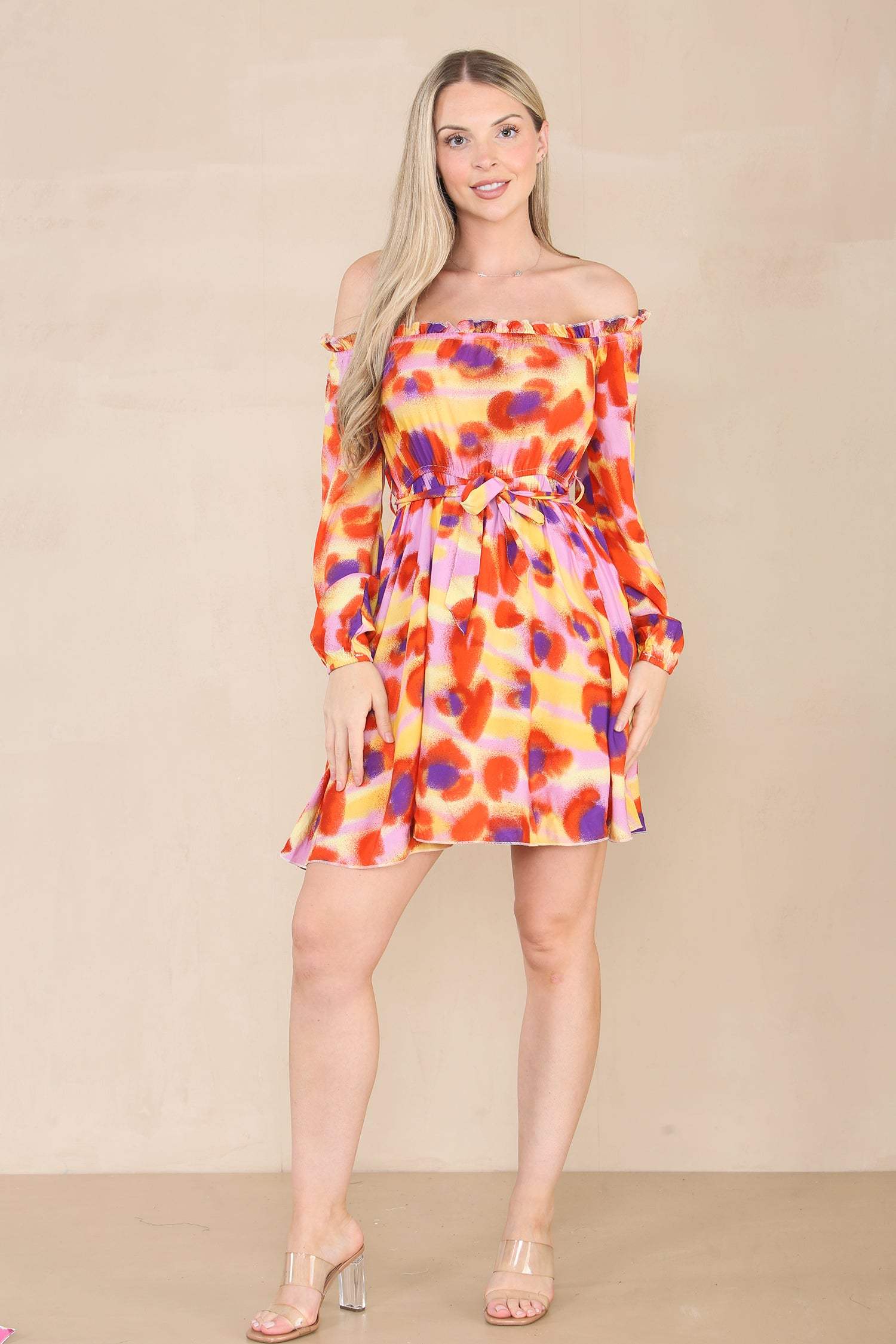 Pink Printed Cold Shoulder Bardot Mini Dress LS9020-U7