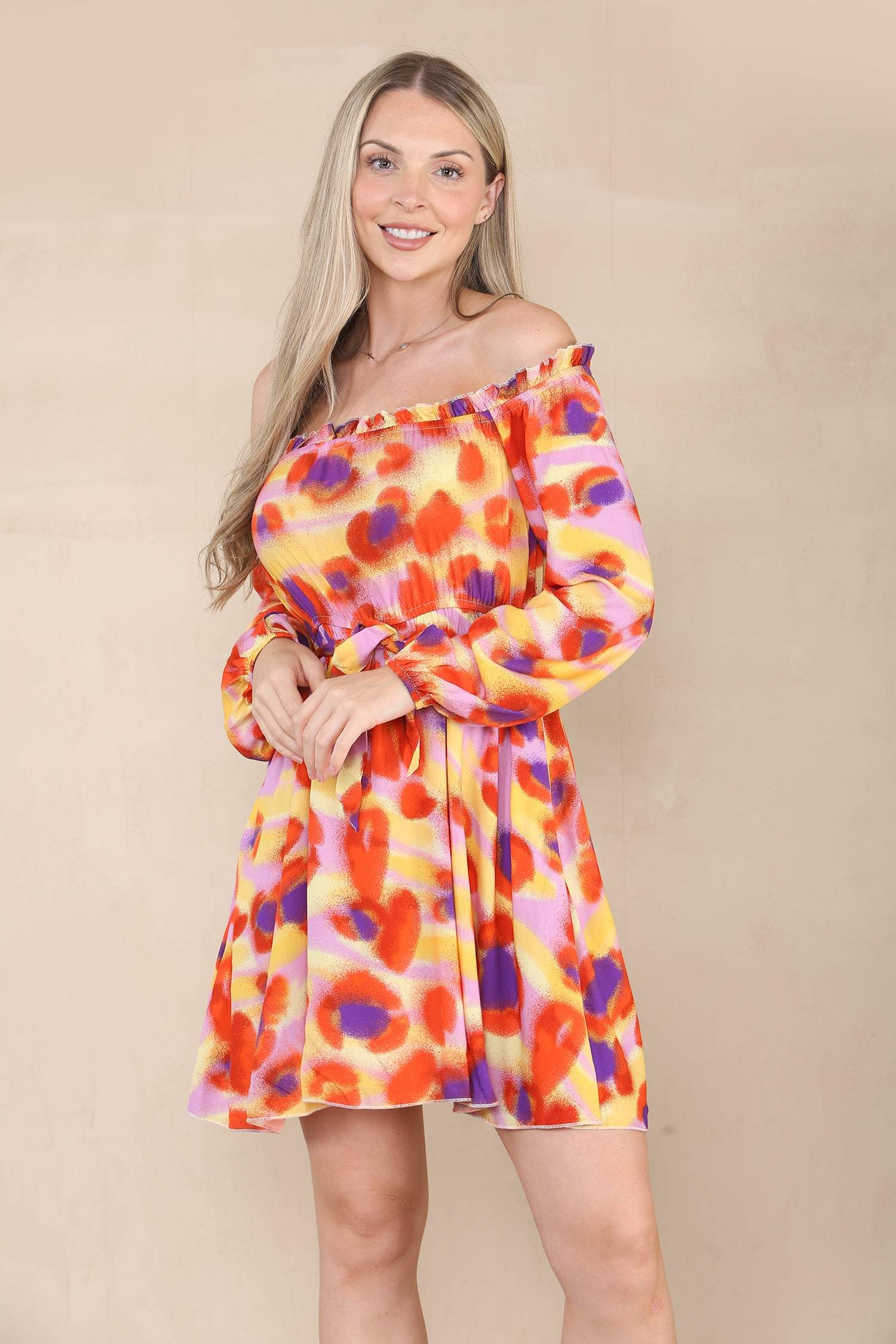Pink Printed Cold Shoulder Bardot Mini Dress LS9020-U7