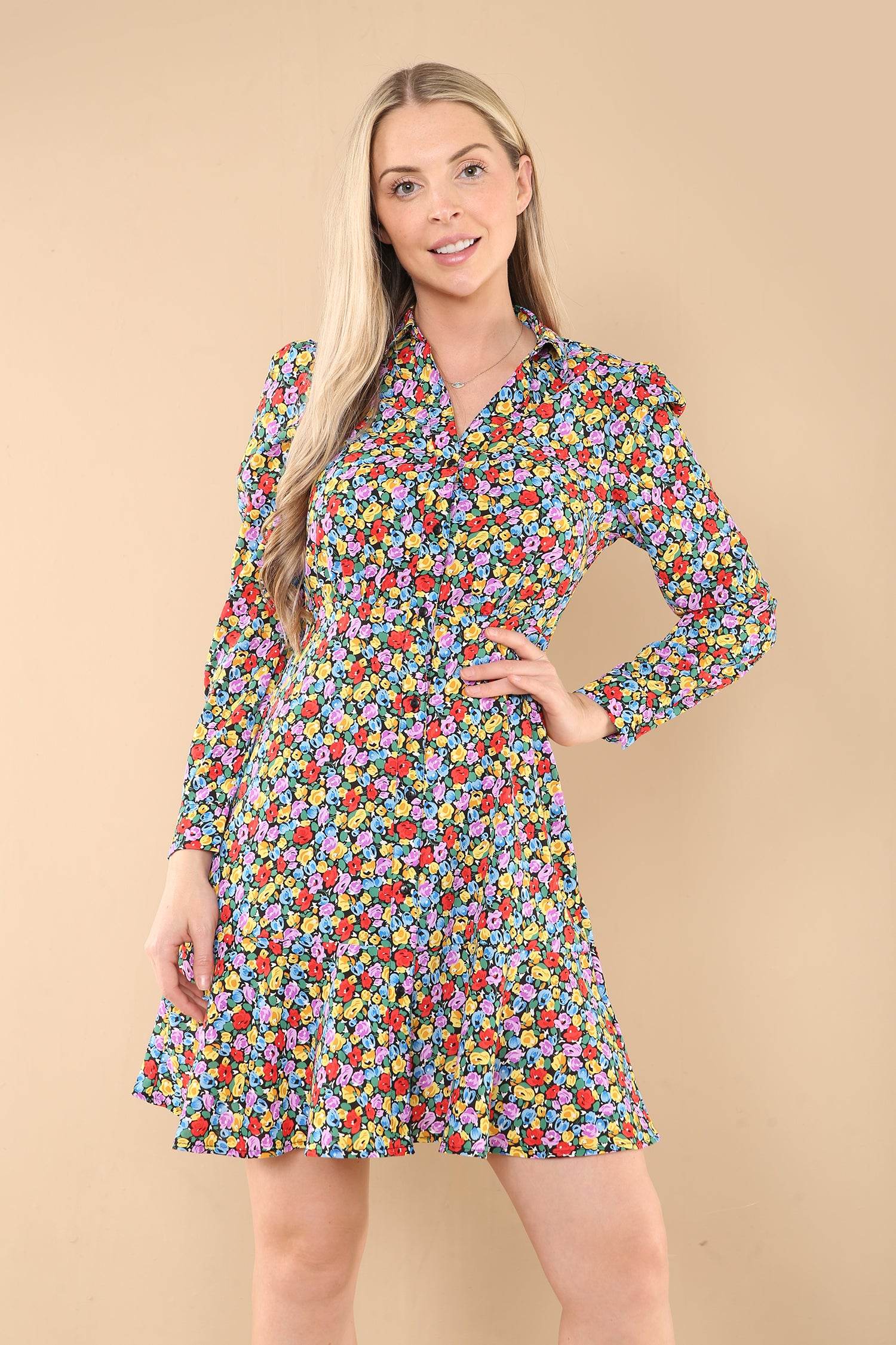 Rainbow Floral Printt Frilled Hem Mini Dress LS-2141-N7