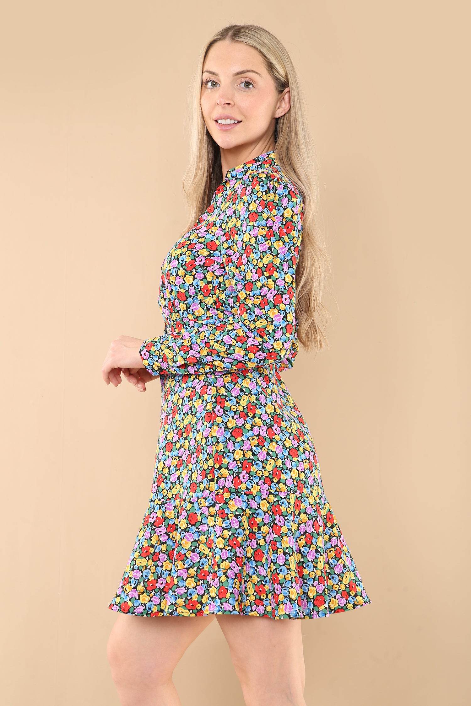 Rainbow Floral Printt Frilled Hem Mini Dress LS-2141-N7