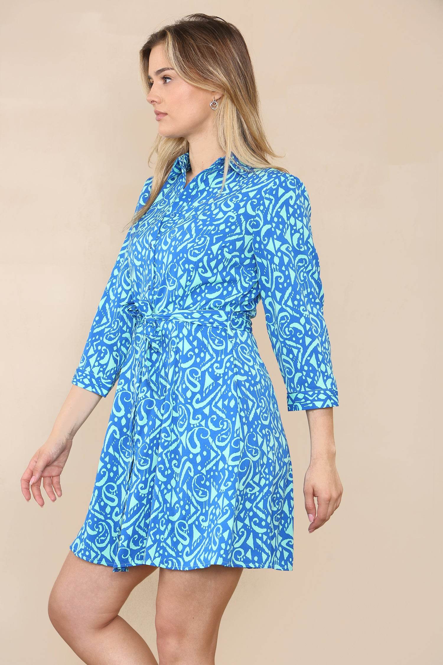 Blue Mixed Paisley Print Mini Shirt Dress LS2143-G15