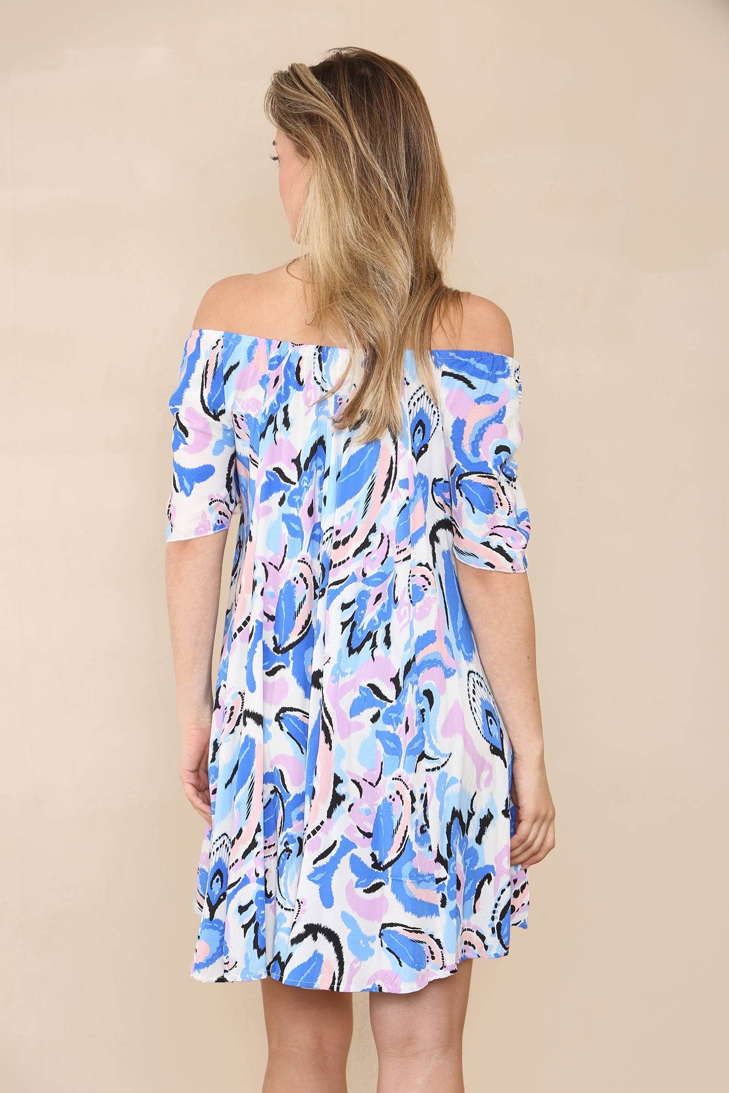 Blue Pink Paisley Print Bardot Mini Dress LS-1700-CM318