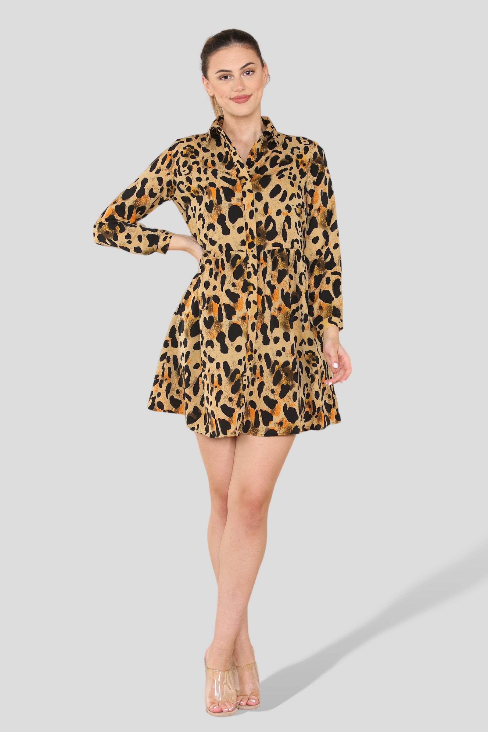 Tan Leopard Print Smock Mini Shirt Dress LS2313-EC1