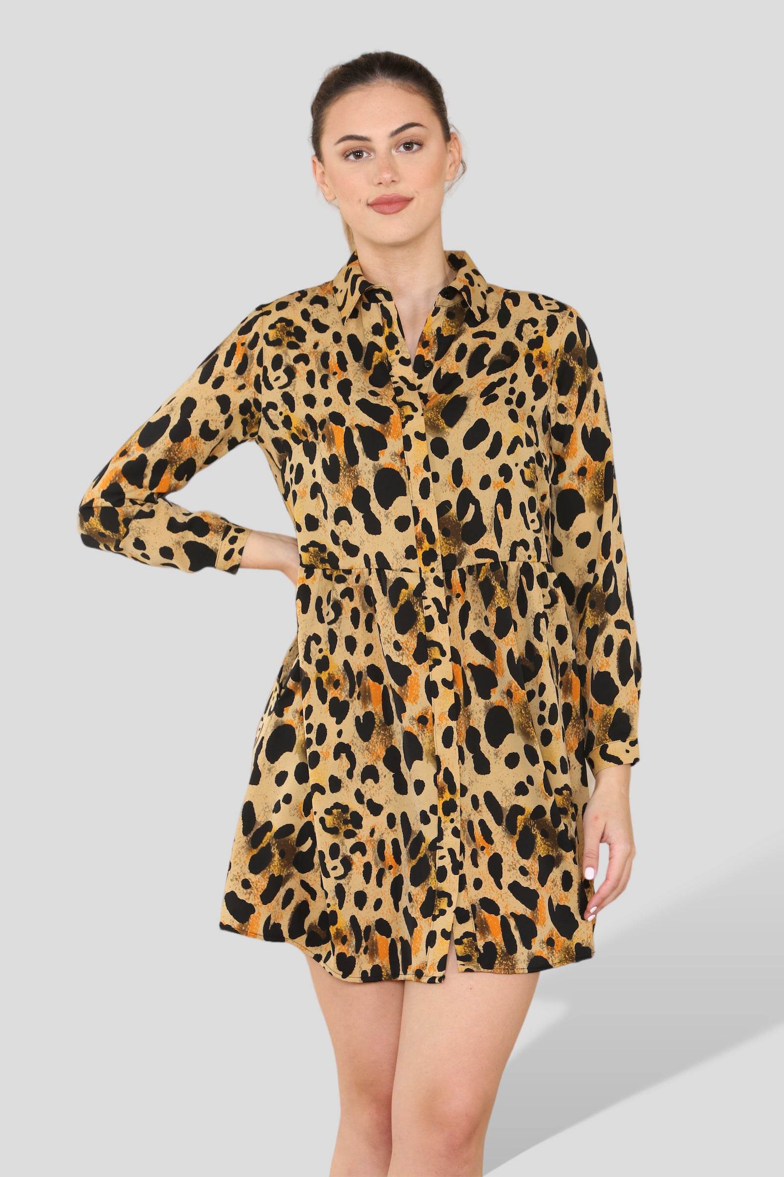 Tan Leopard Print Smock Mini Shirt Dress LS2313-EC1