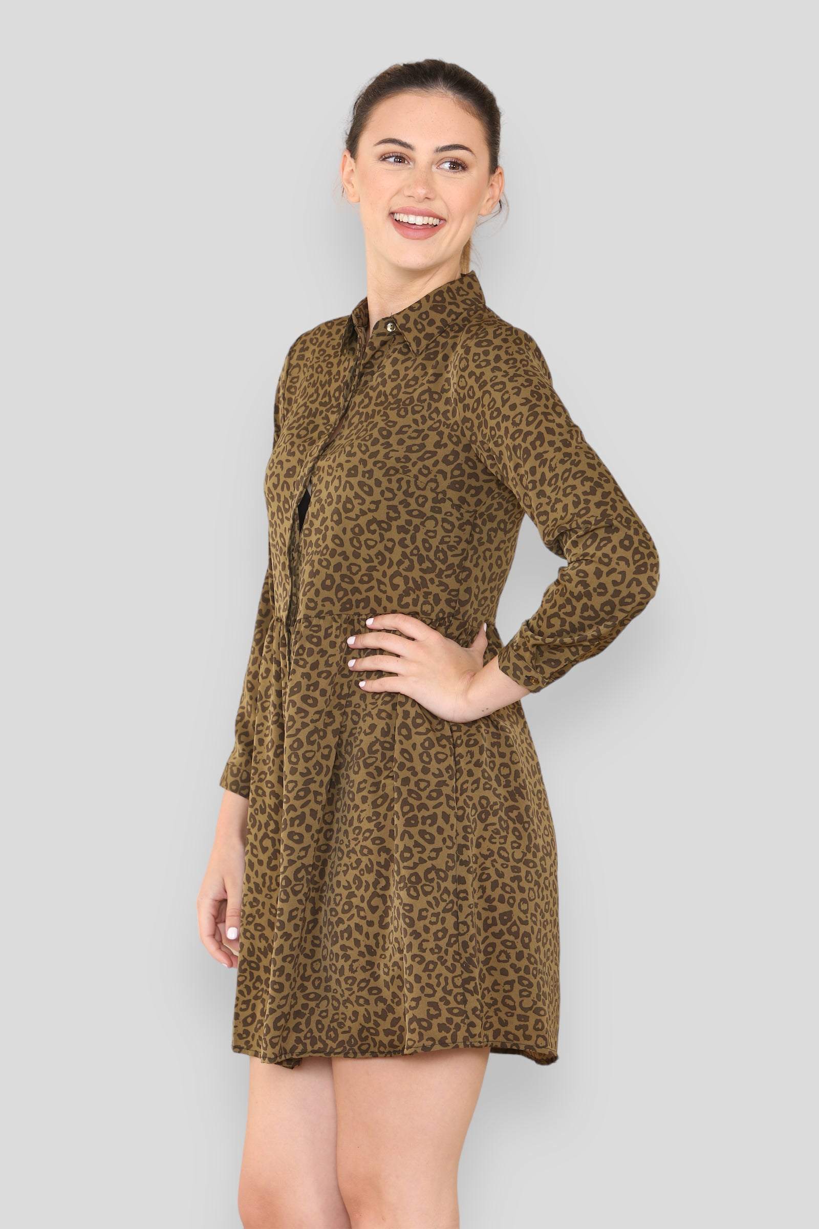 Olive Brown Leopard Print Smock Mini Shirt Dress LS2313-EC4