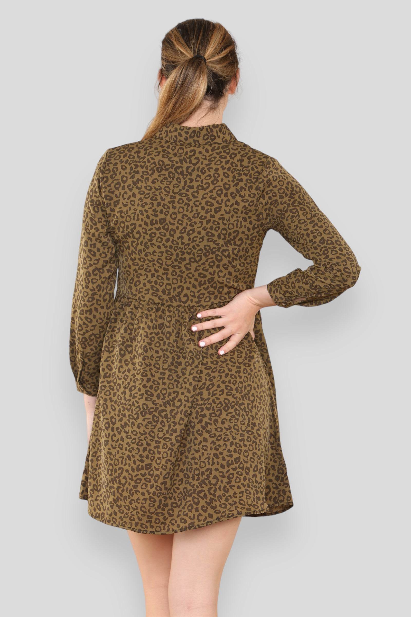 Olive Brown Leopard Print Smock Mini Shirt Dress LS2313-EC4