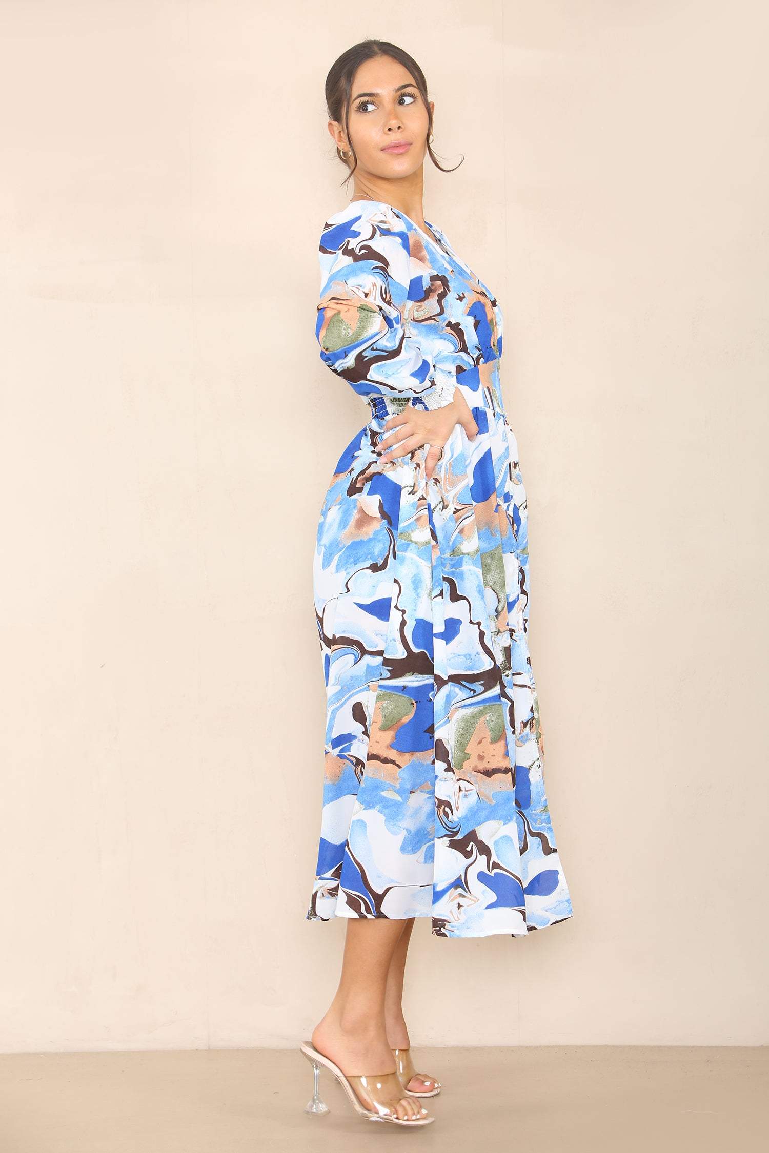 Blue Allover Print V Neck Maxi Dress LS-2255-DA5