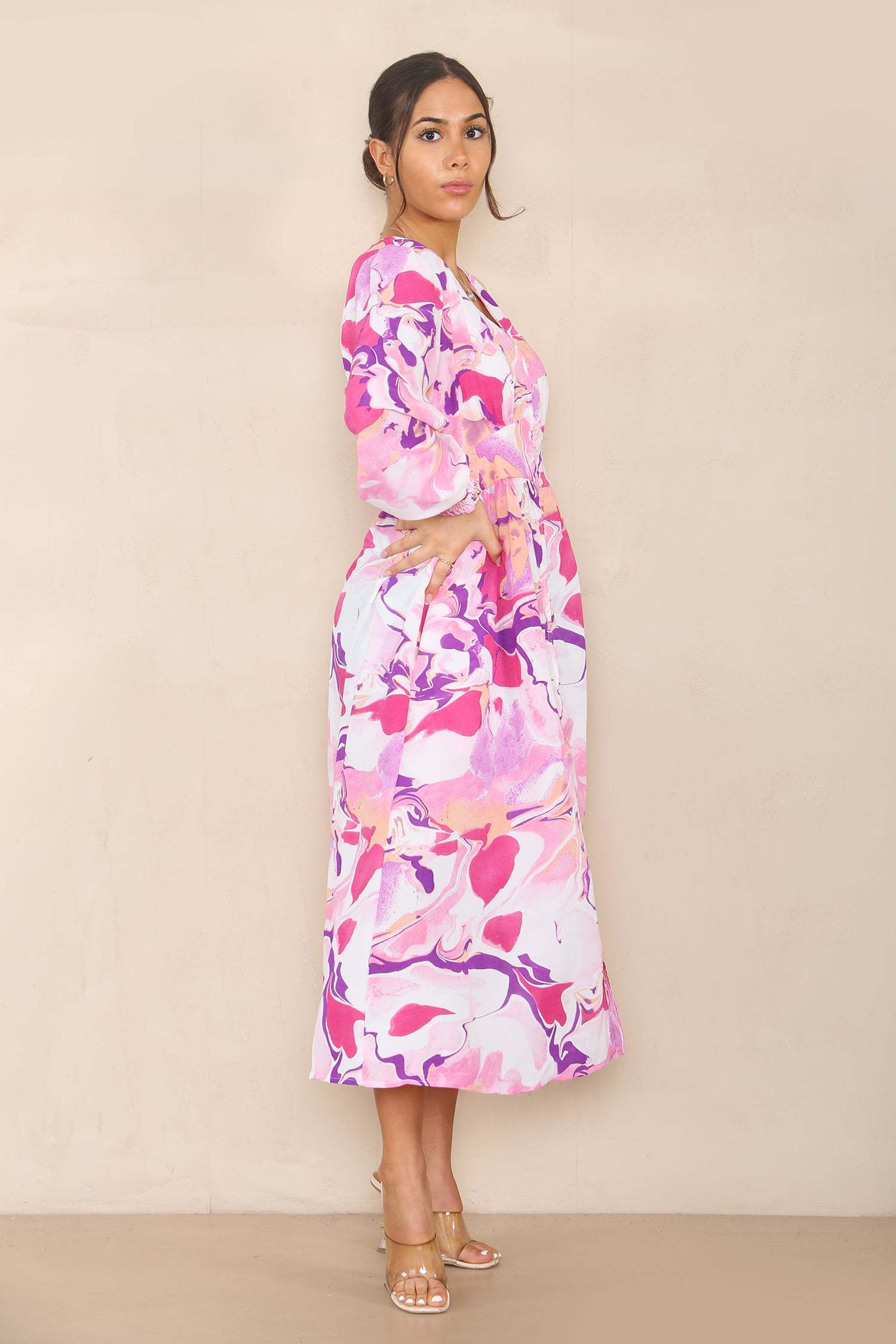 Pink Allover Print V Neck Maxi Dress LS-2255-DA4