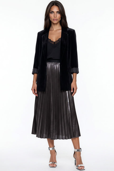 Black Satin Pleated Midi Skirt by Aftershock London