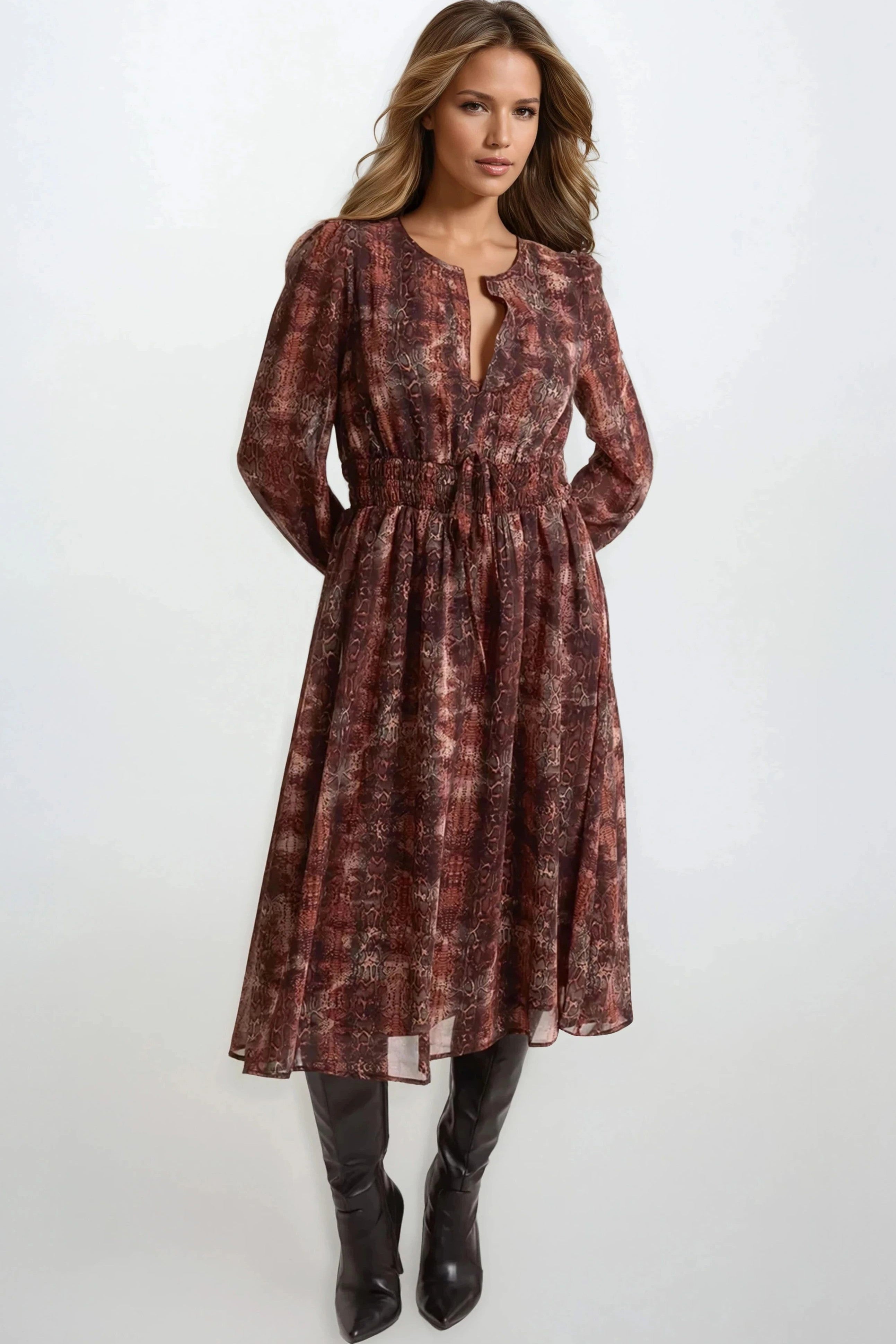 Brown Snake Print Long Sleeve Midi Dress ALNL258865025