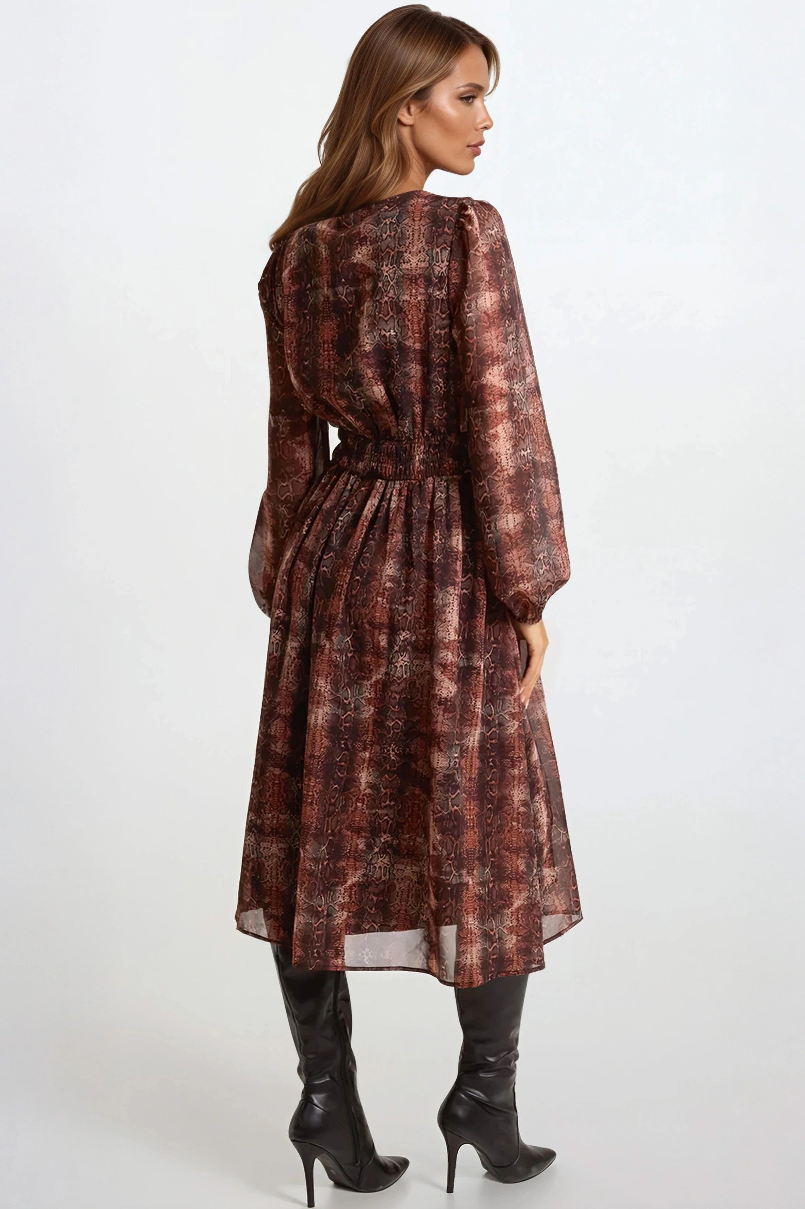 Brown Snake Print Long Sleeve Midi Dress ALNL258865025