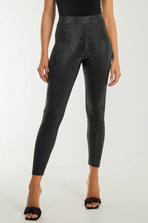 Black Snake Print Leather Look Leggings by Aftershock London