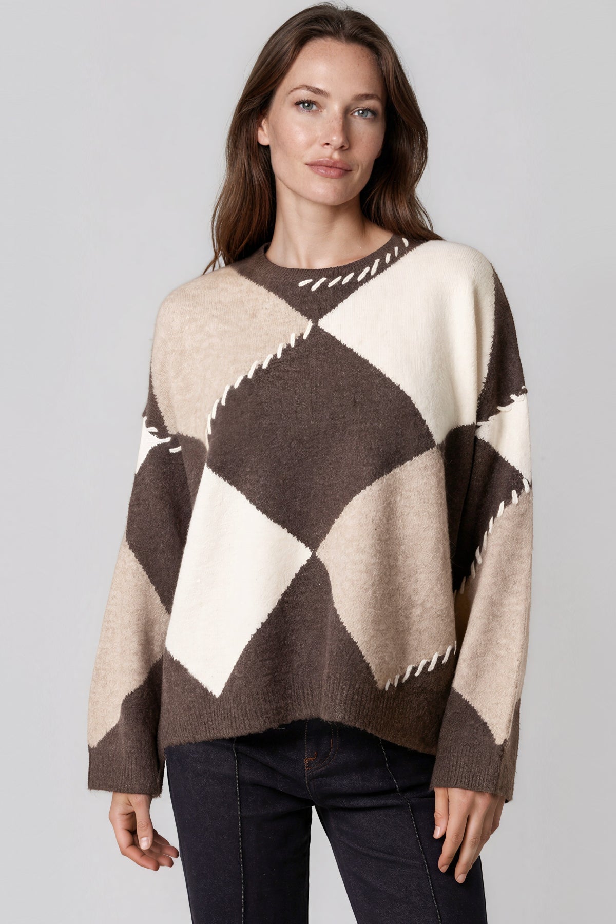 Brown Argyle Wool Blend Jumper ALWF5821NV027